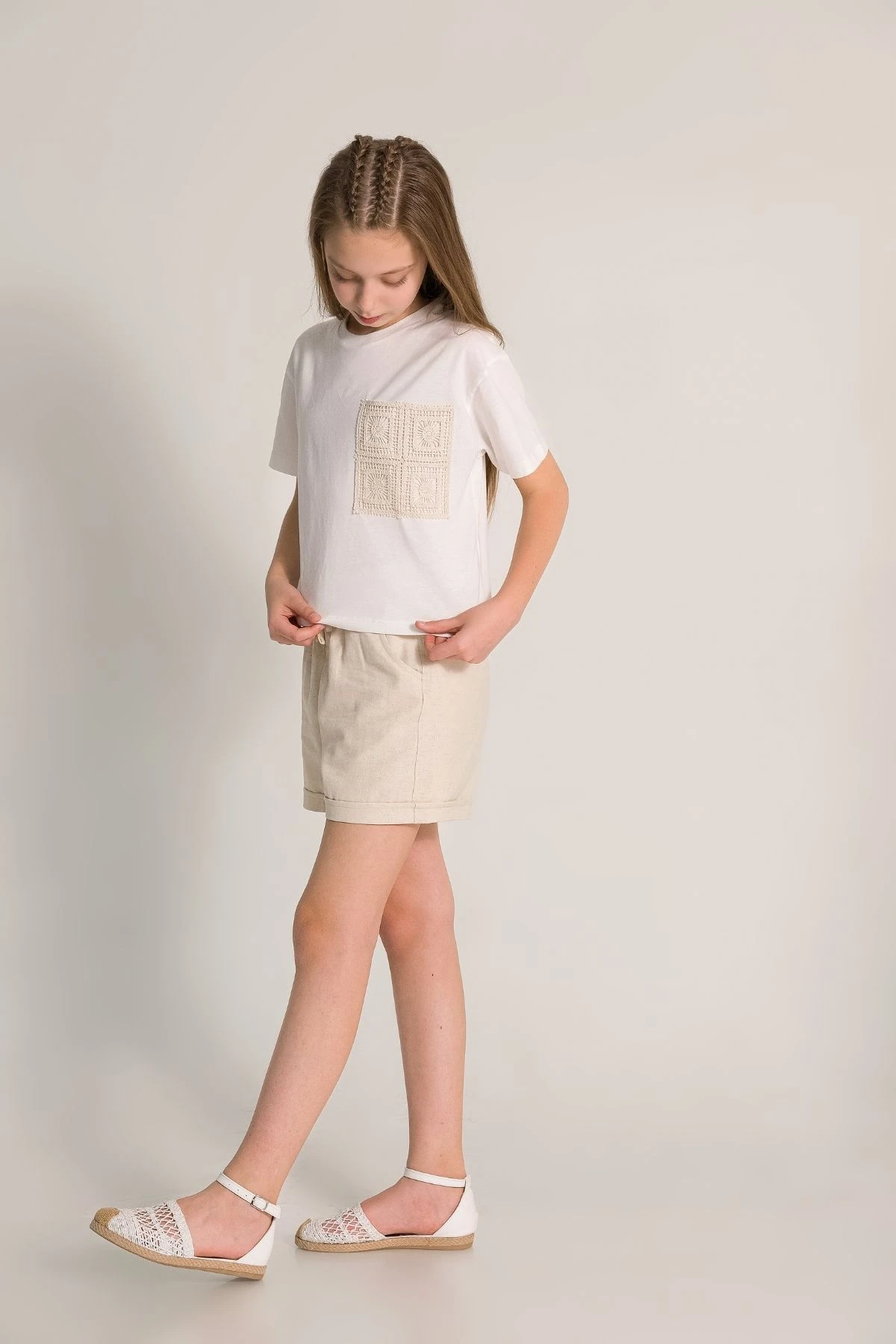 Kroşe Tiriko Cepli Bisiklet Yaka Kız Çocuk Tişört