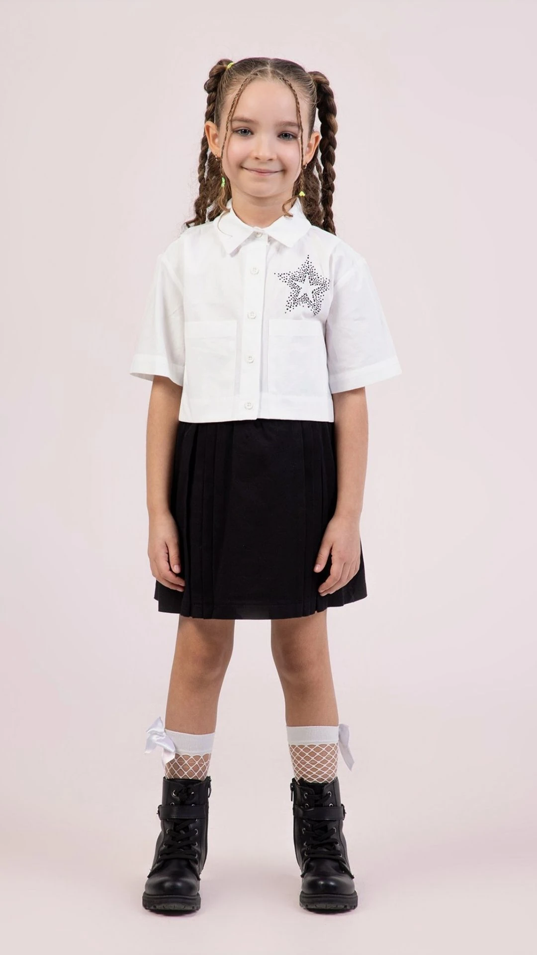 Yıldız Taş Baskılı Gömlek Yarım Pilese Etekli Kız Çocuk Takım