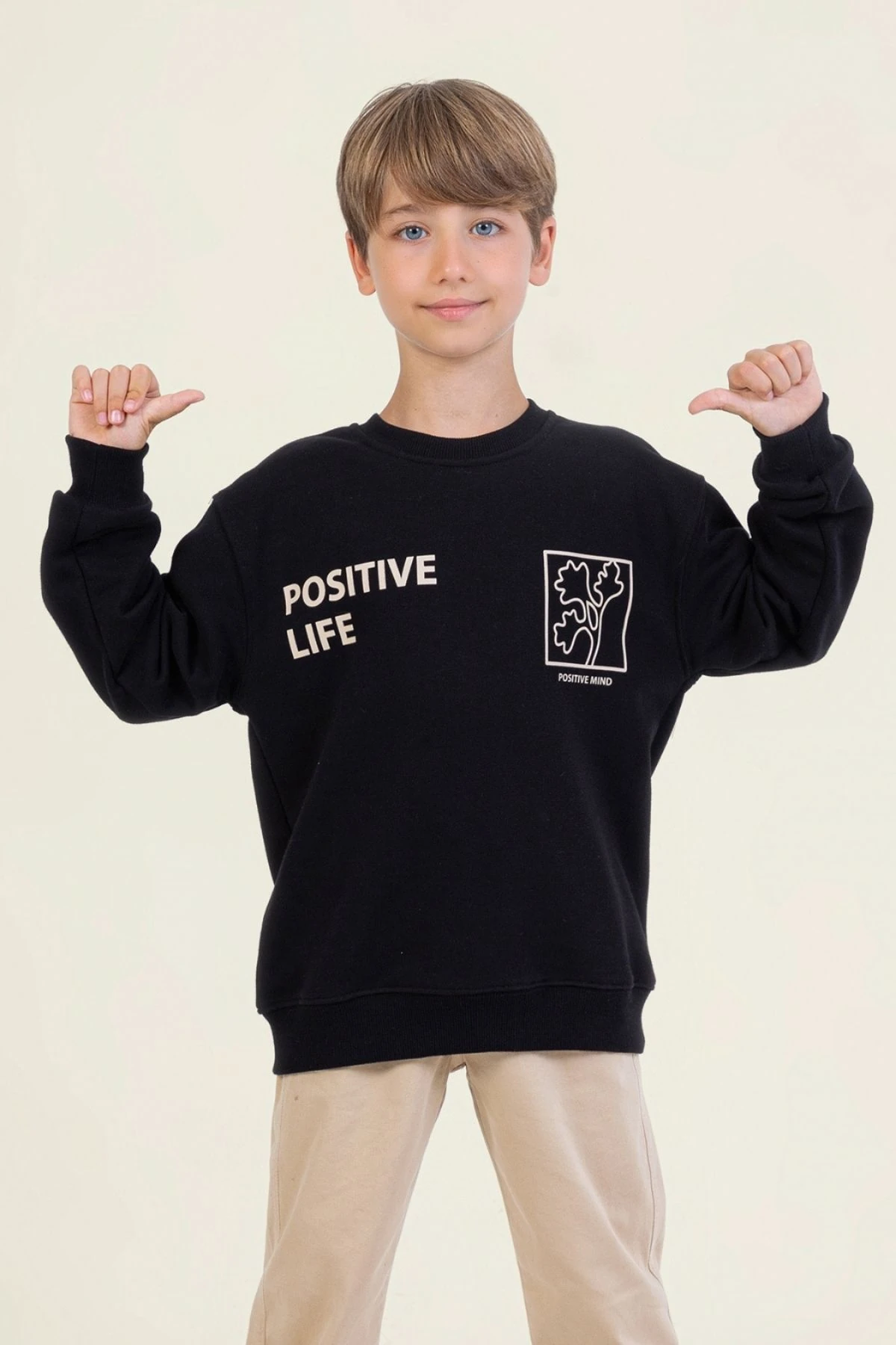 Erkek Çocuk Siyah Sweatshirt – Positive Life Baskılı, Rahat Kesim