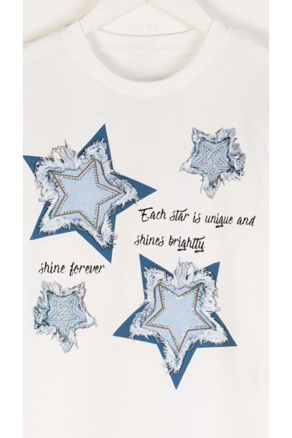 Yıldız Baskılı Taş İşlemeli Kız Çocuk T-Shirt