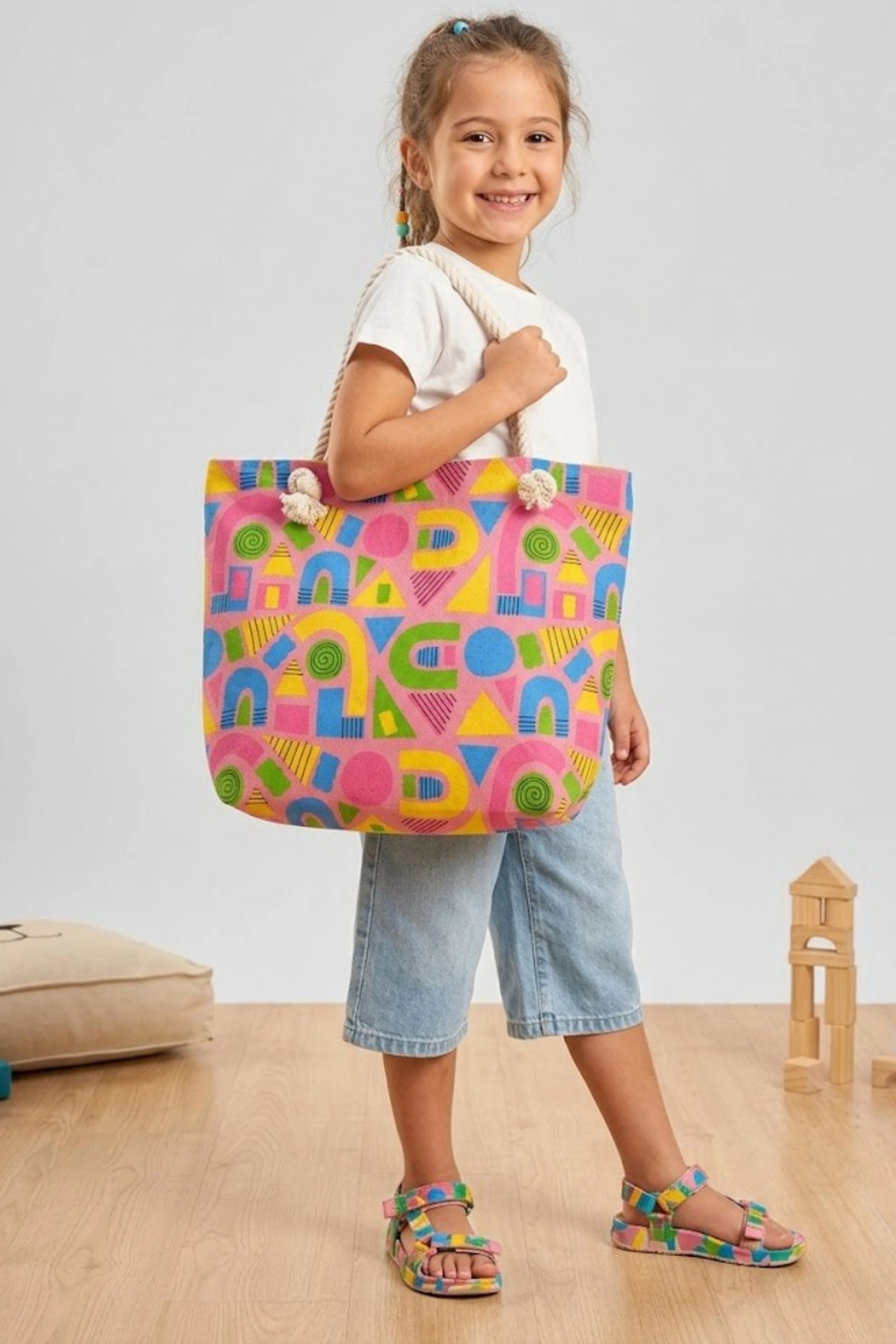 Renkli Retro Geometrik Figürlü Çocuk Plaj Çantası