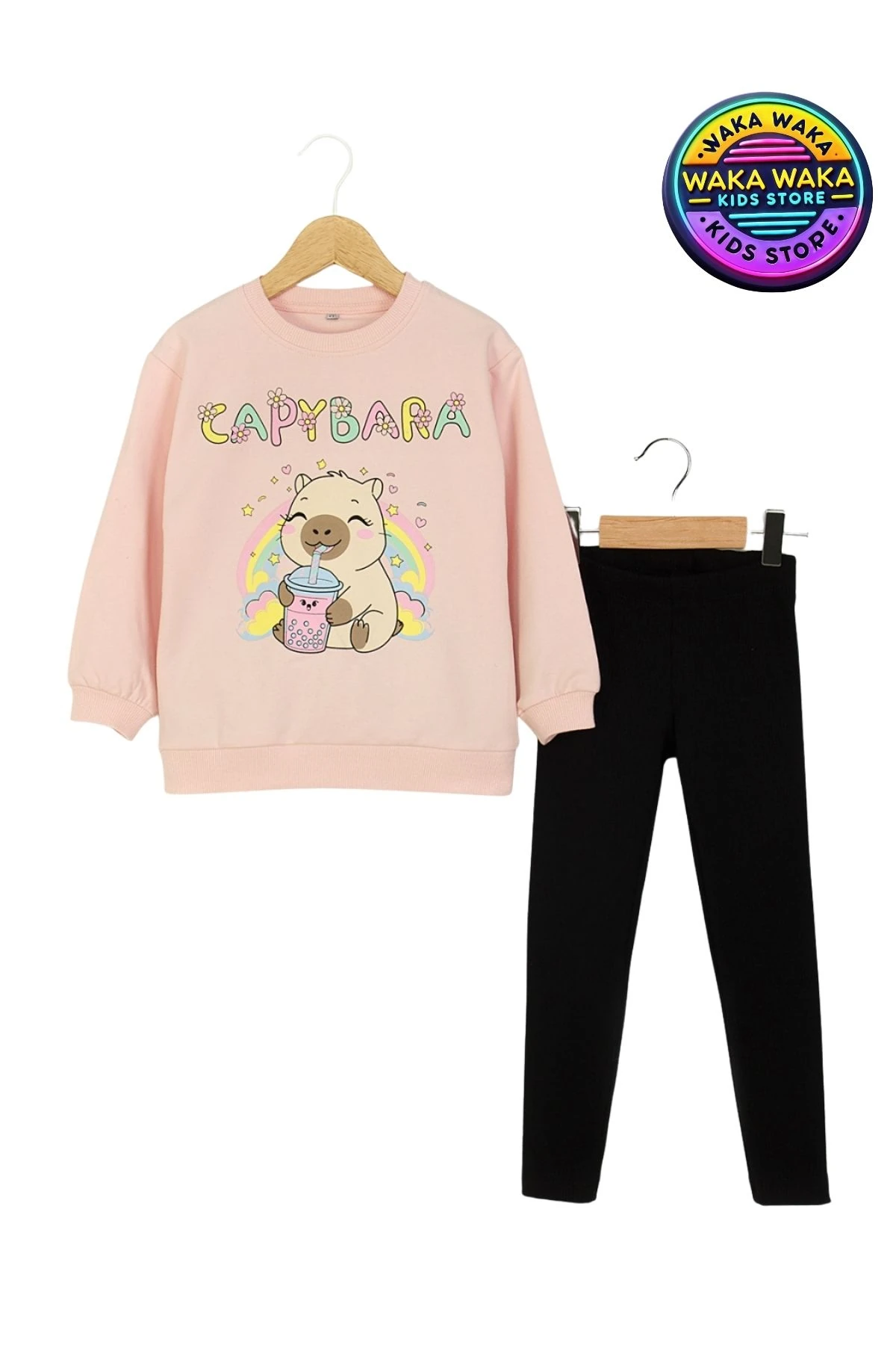 Kız Çocuk Capybara Desenli Pembe Sweatshirt ve Siyah Tayt İkili Takım