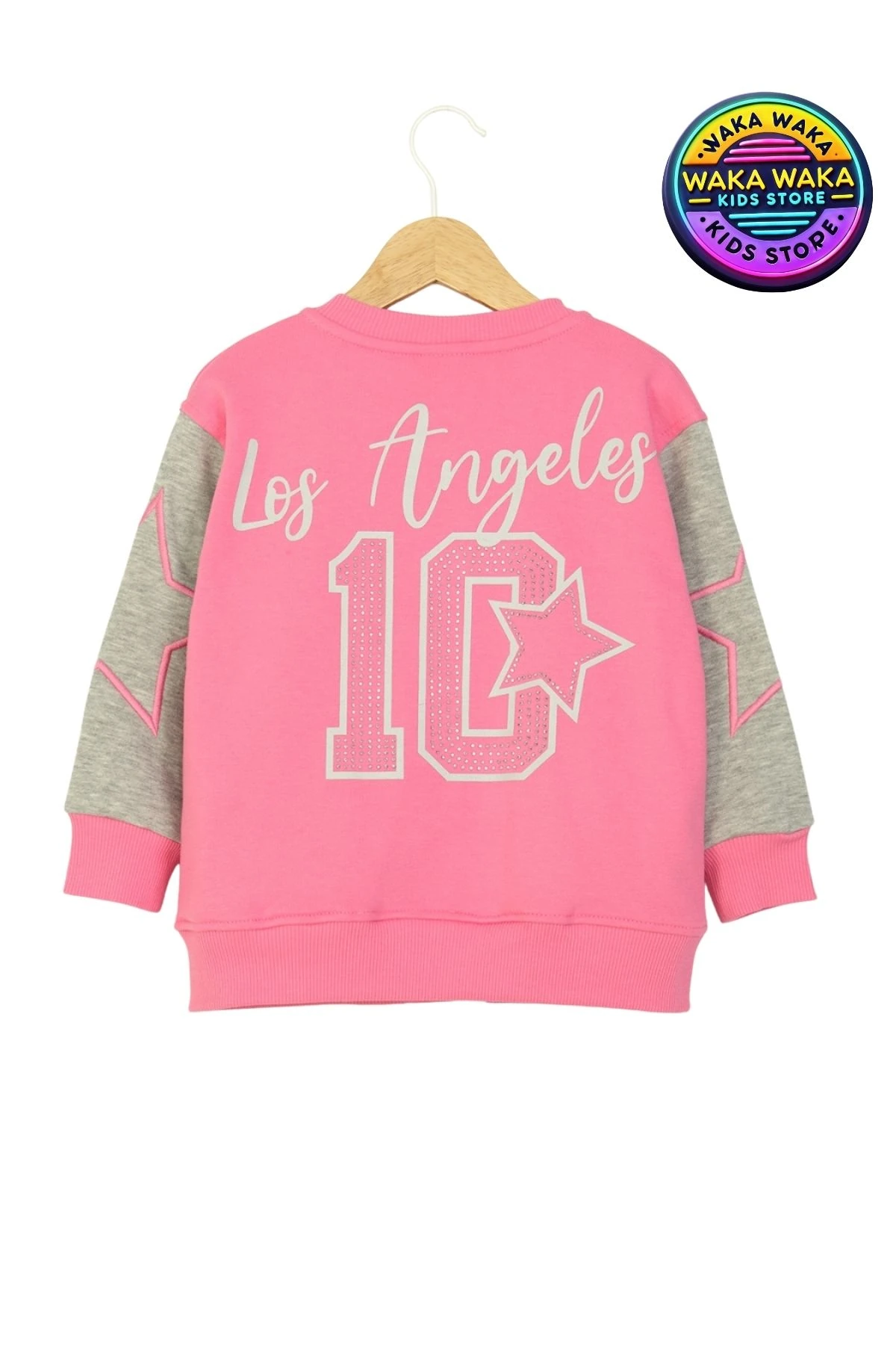 Los Angeles Nakışlı Pembe-Gri Kız Çocuk Sweatshirt – Yıldız Kollu Kolej Tarzı