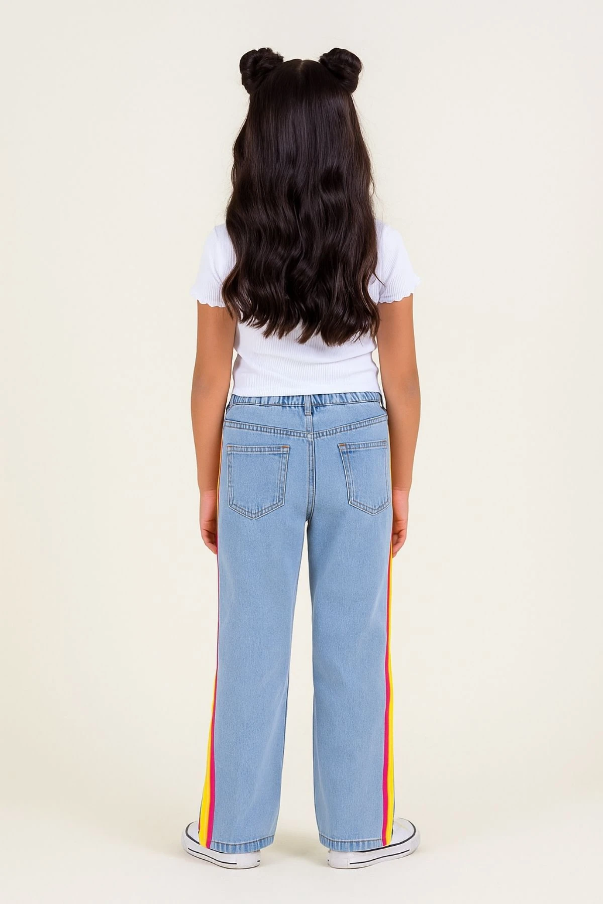 Kız Çocuk Renkli Şeritli Bol Paça Kot Pantolon