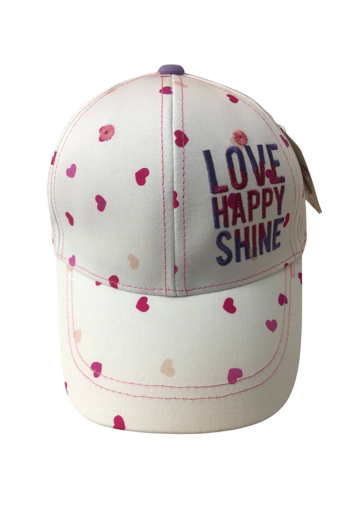 Kalp Desenli &quot;LOVE HAPPY SHINE&quot; Yazılı Kız Çocuk Şapka