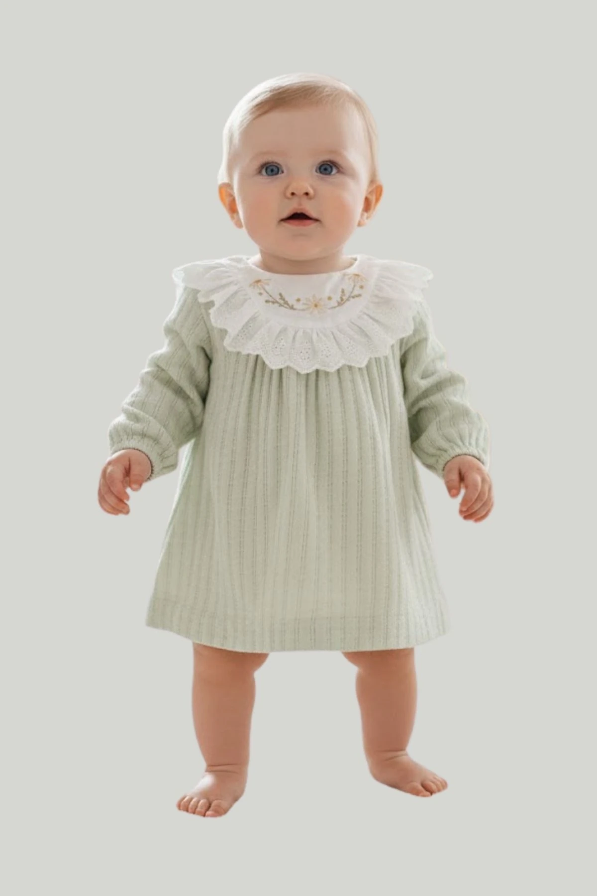 Çiçek İşlemeli Güpür Yakalı Kız Bebek Elbise