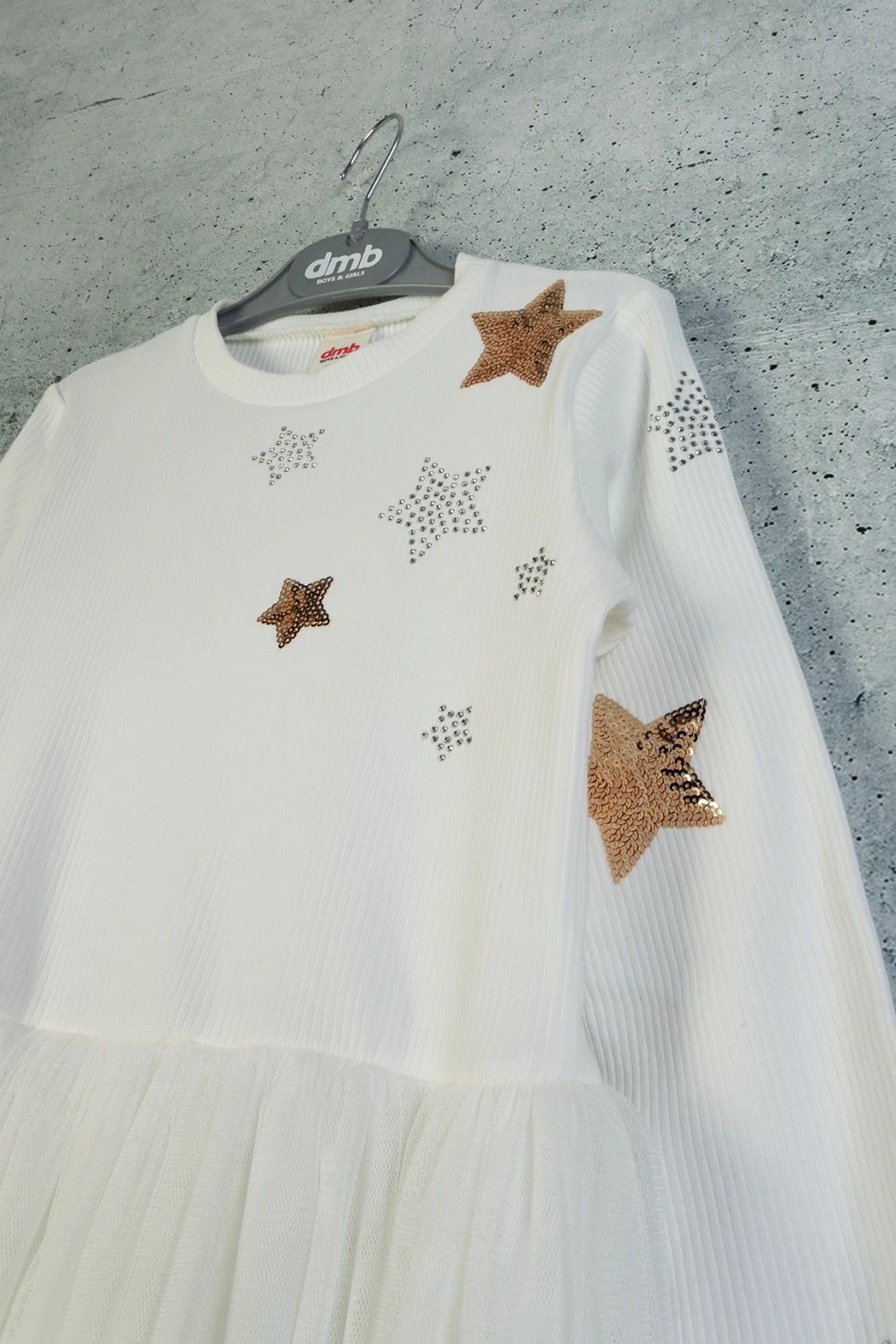 Önü Kolu Yıldız Payet Taş Baskılı Kız Çocuk Elbise