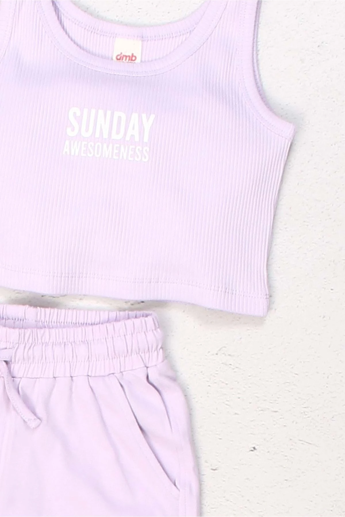 Sunday Awesomeness" Baskılı Pembe Askılı Crop Top Ve Şort Kız Çocuk Takım - Lila
