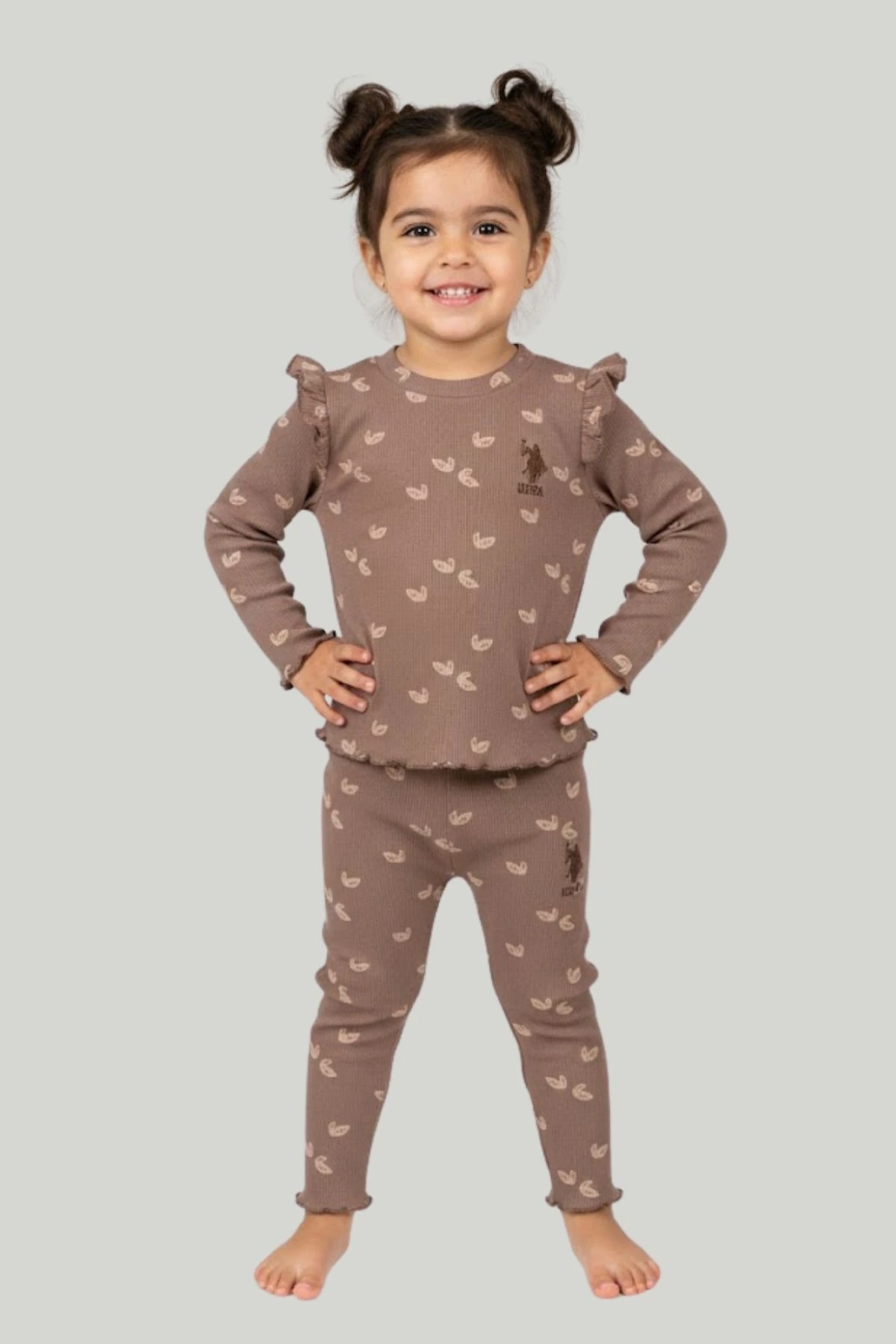 Yaprak Paskılı Omuzu Fırfırlı Çıtçıt Kapamalı Kız Çocuk Taytlı Takım