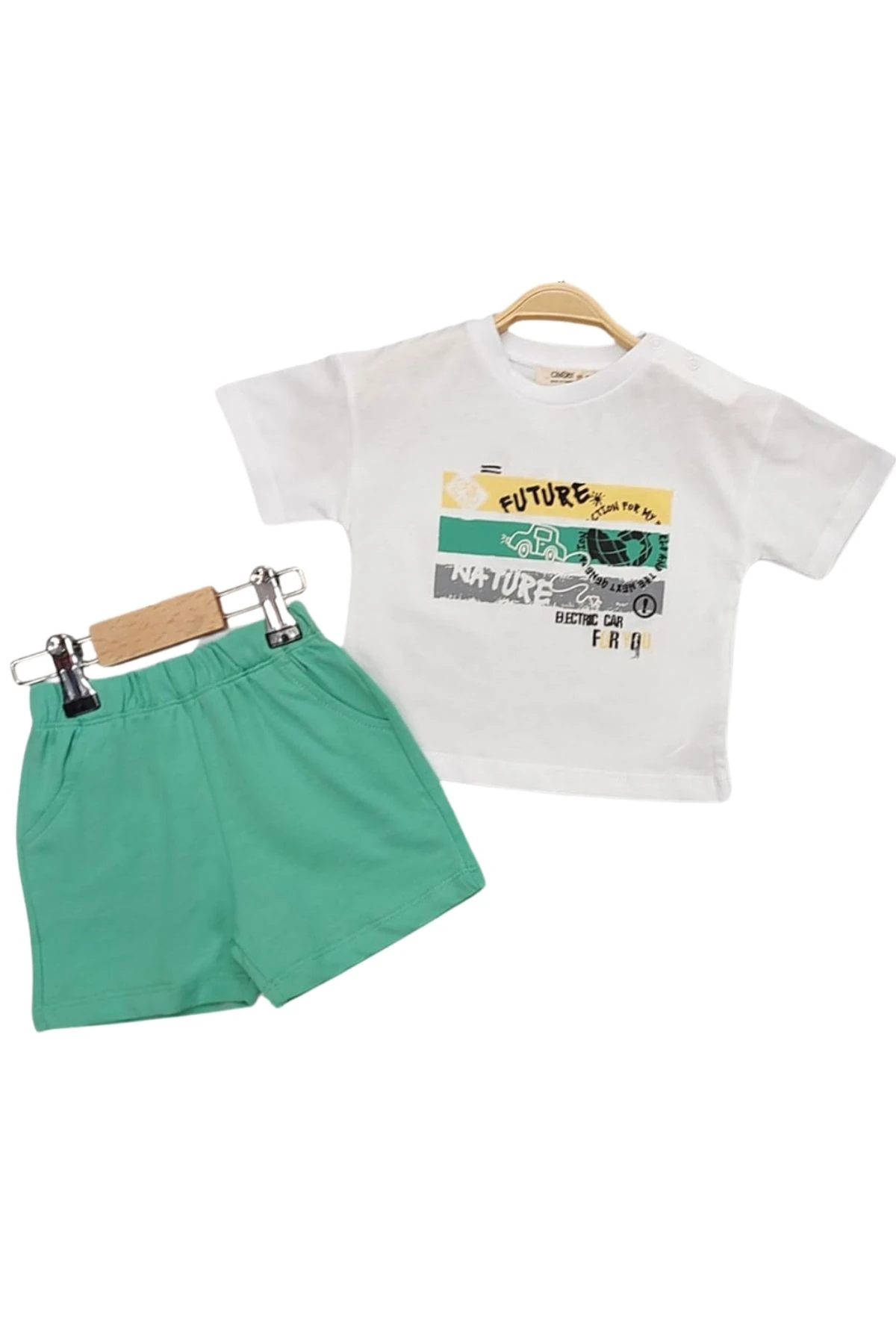 Future Nature Electric Car&quot; Baskılı Beyaz Bebek/Çocuk Şortlu Takım