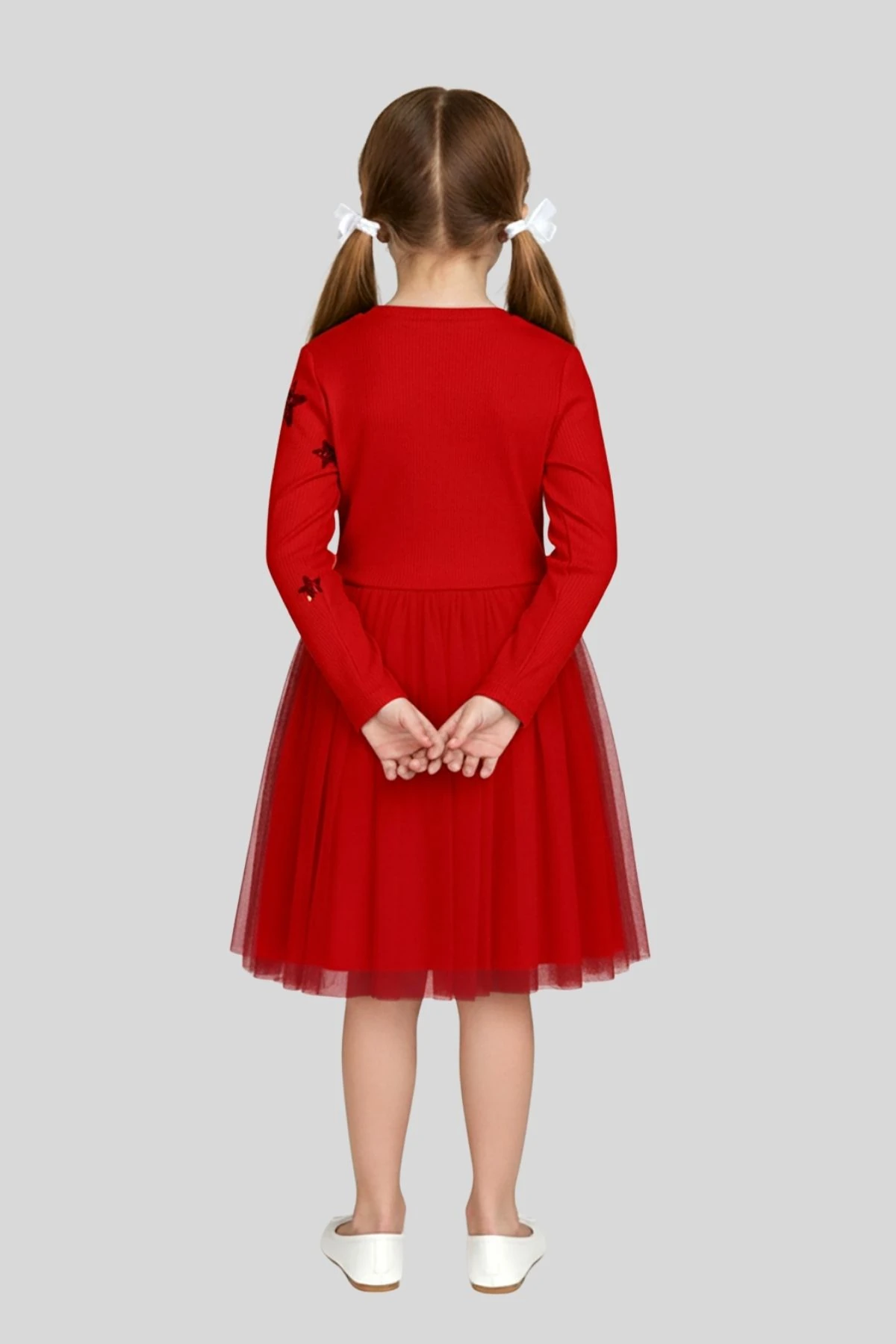 Kız Çocuk Kırmızı Payetli Tül Detaylı Elbise