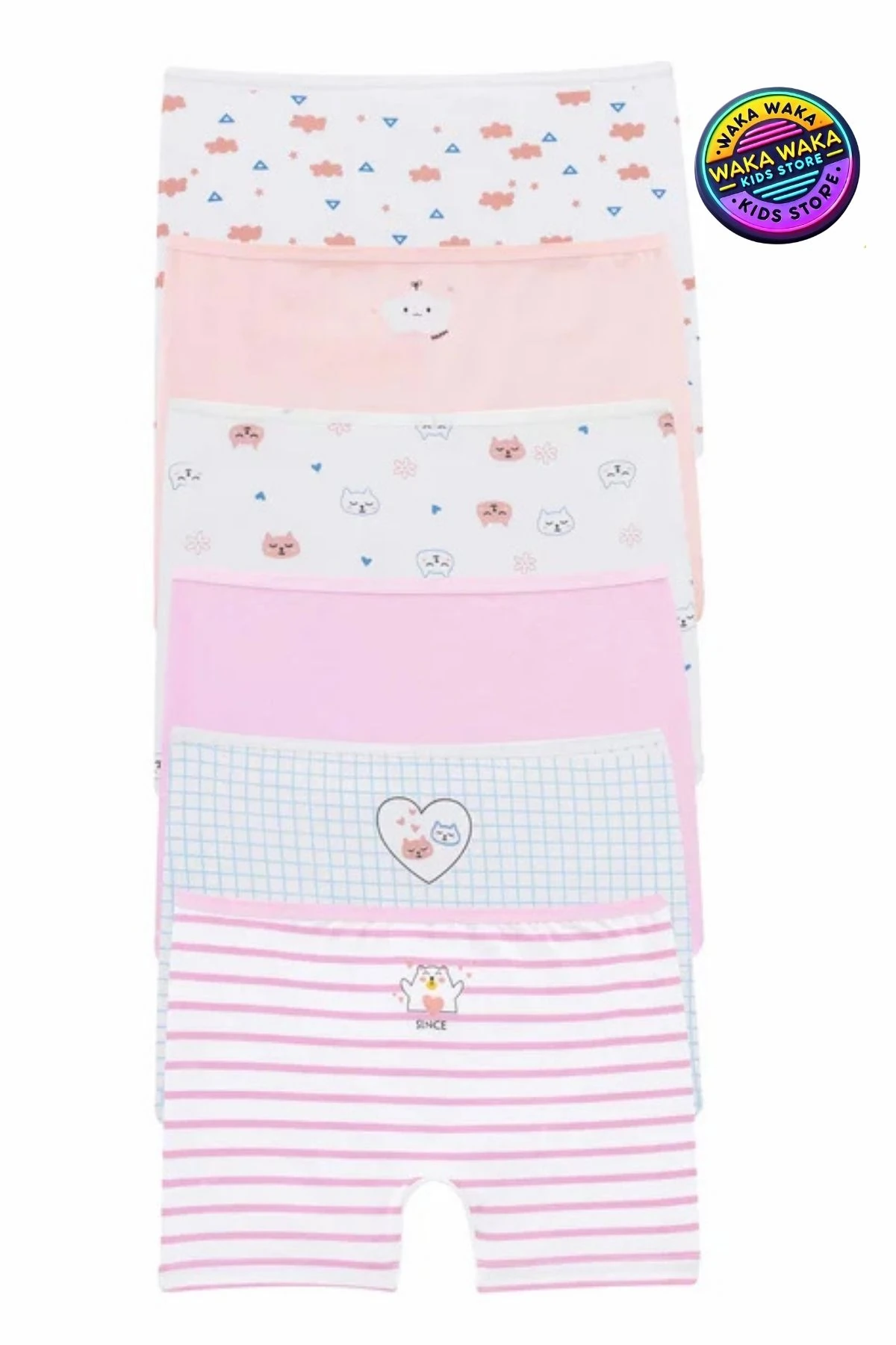 Kız Çocuk Pamuklu Boxer 6’lı Set – Bulut, Kedi, Çizgili Desen