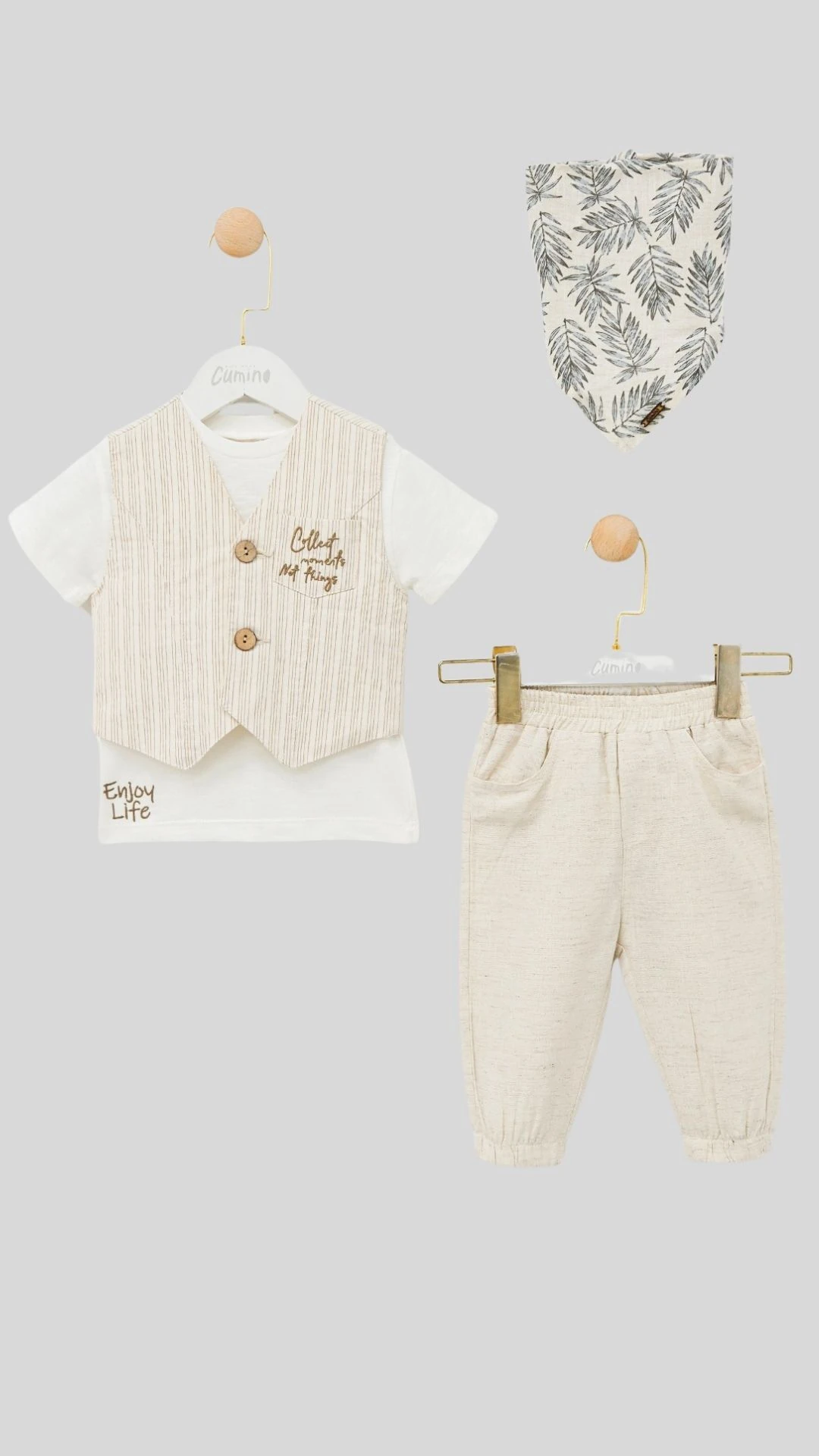 Yelek T-shirt Pantolon Bandanalı Erkek Bebek 3lü Takım