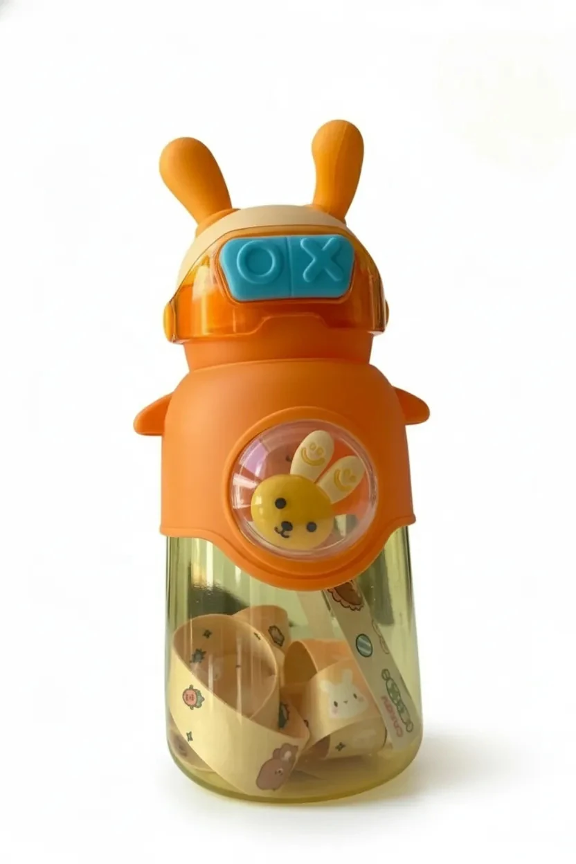 Kulaklı Figürlü Çocuk Matara 600 ml - Sevimli Renkli Suluk Askılı & Pipetli