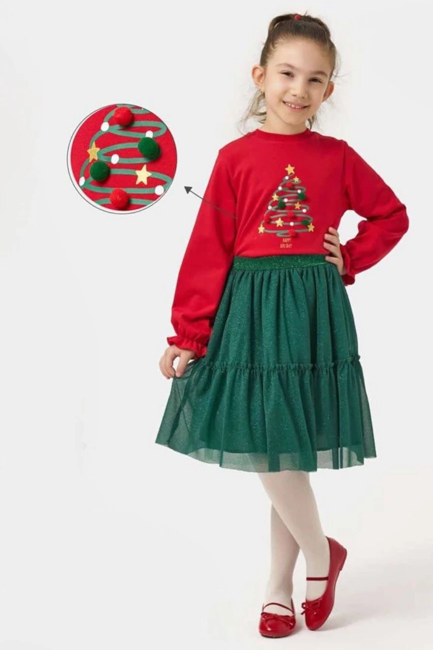 Kırmızı Yeşil Yılbaşı Ağacı Baskılı Kız Çocuk Etekli Takım