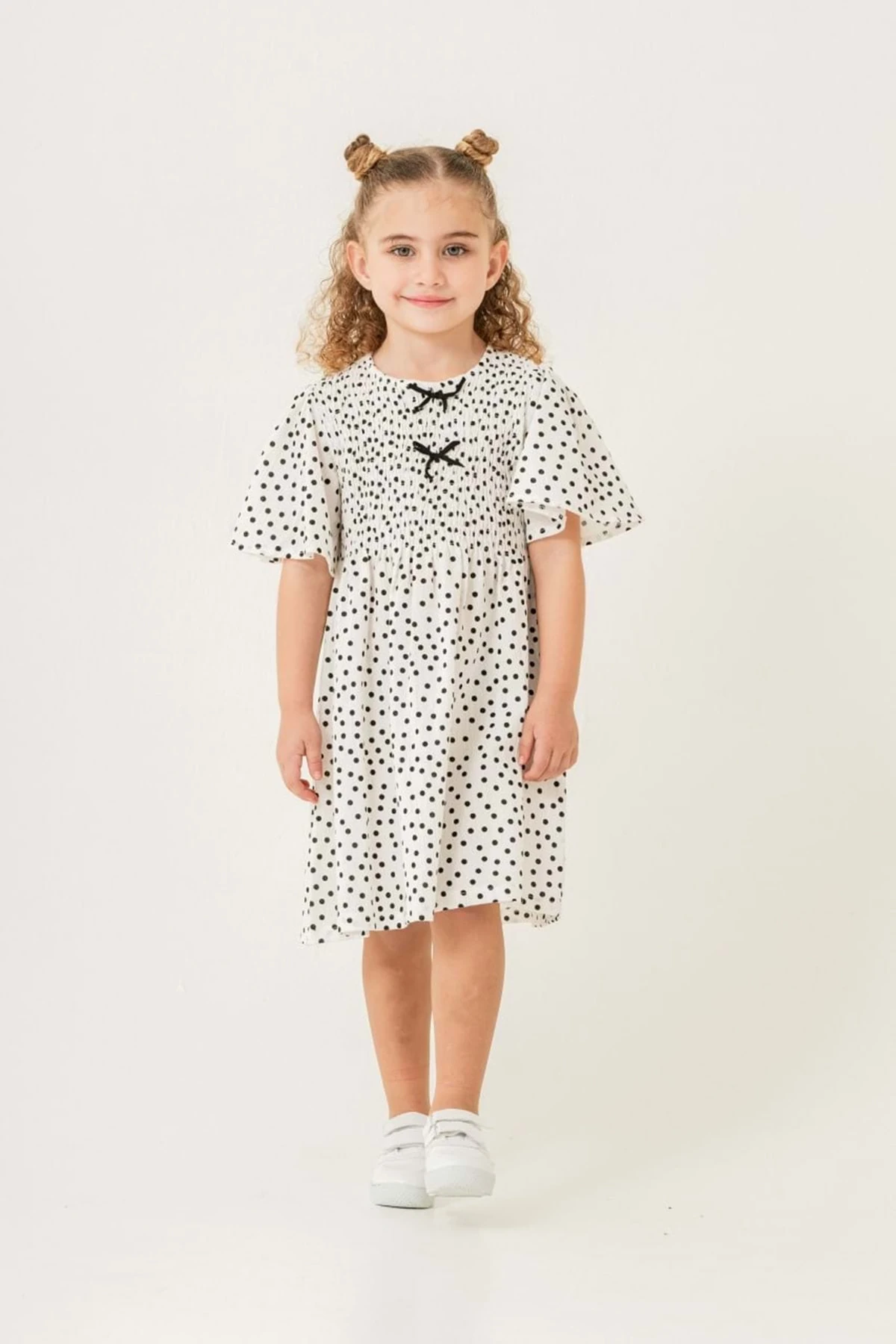 Puantiye Baskılı Fiyonk Detaylı Kız Çocuk Elbise - Beyaz