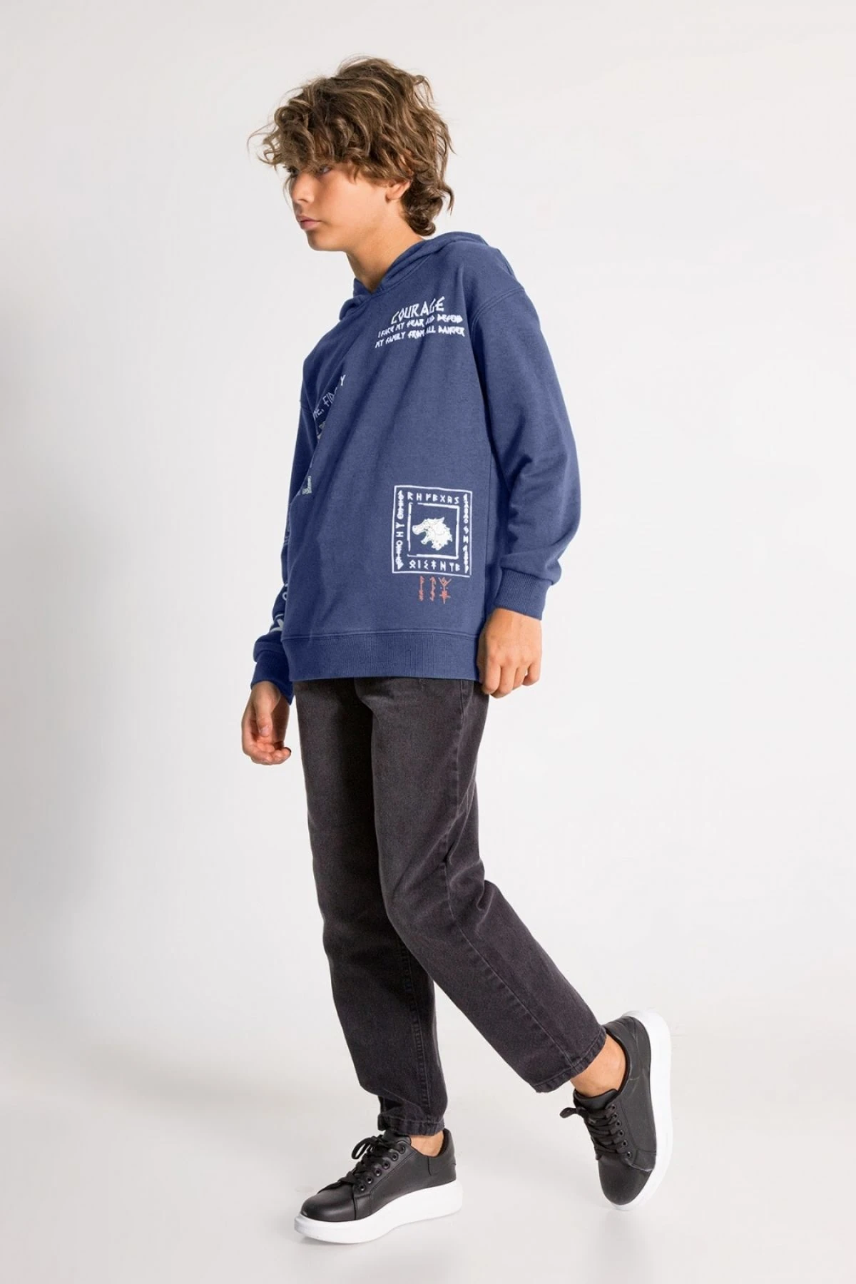 Erkek Çocuk Indigo Sweatshirt ve Eşofman Altı Takım - Kapüşonlu Baskılı Rahat Kesim