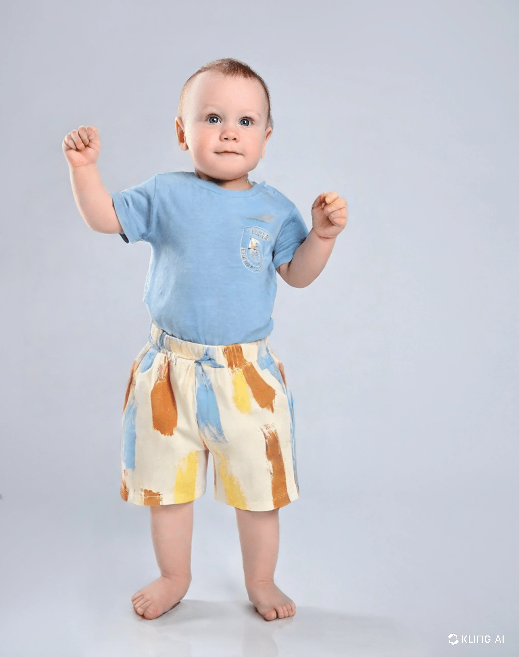 Bulut Baskılı Mavi Tişört ve Çizgili Şort Bebek/Çocuk Takım