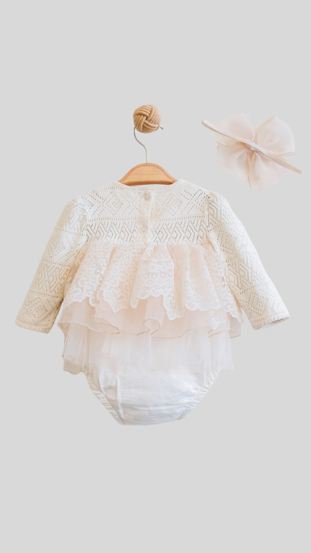 Üstü Merserize Fiyonk Detaylı Tül Kız Bebek Tulum Elbise