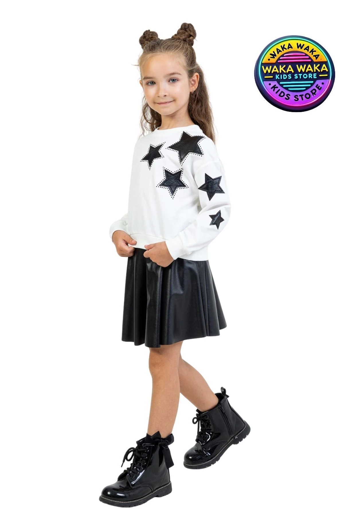 Kız Çocuk Siyah Deri Etekli Yıldız Baskılı Sweat Kombin – Şık Günlük Takım