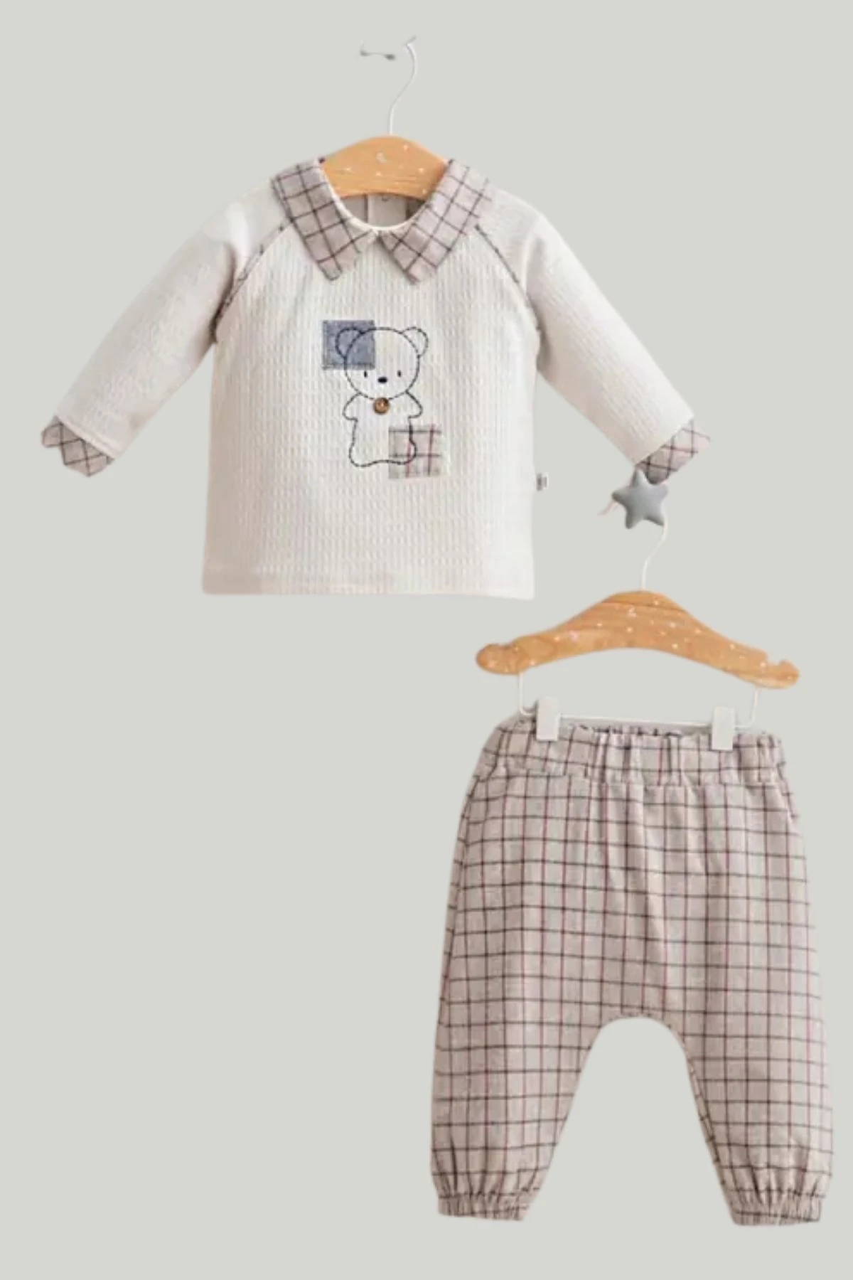Ayıcık Desenli Gömlek Yaka Kareli Erkek Bebek Takım
