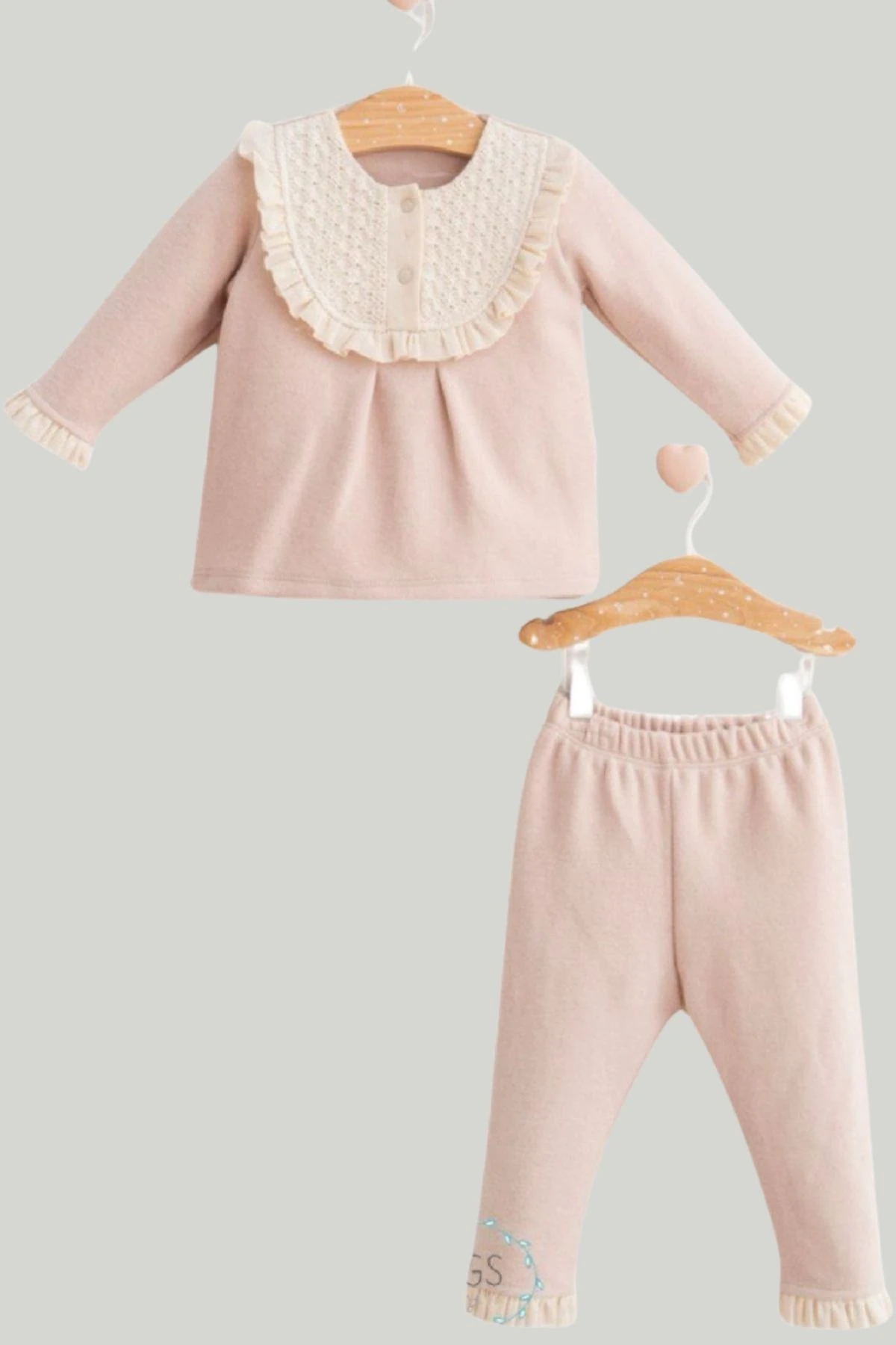 Yakası Güpürlü İnce Fitilli Kadife Kız Bebek Takım