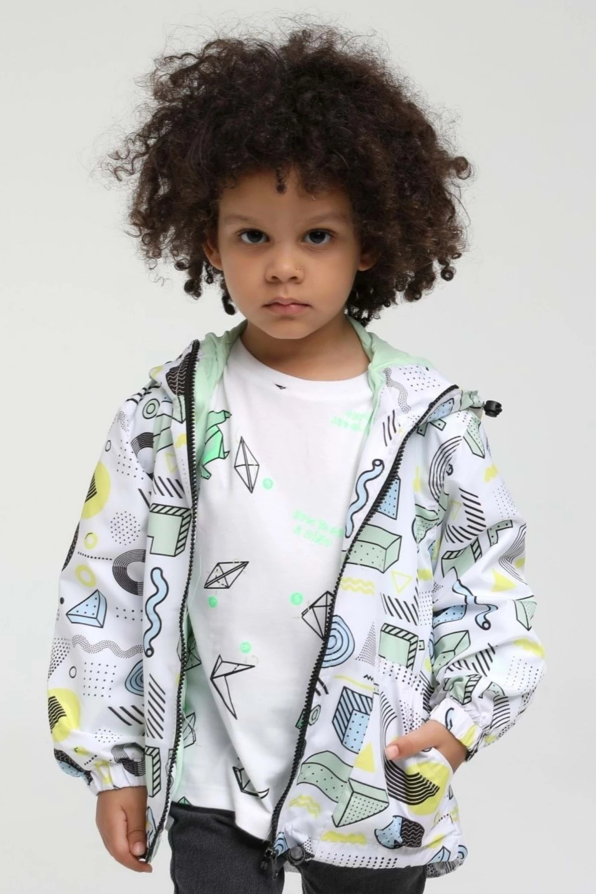 Geometri Baskılı Fermuar Kapamalı Kapüşonlu Erkek Çocuk Yağmurluk- 12-18 Ay