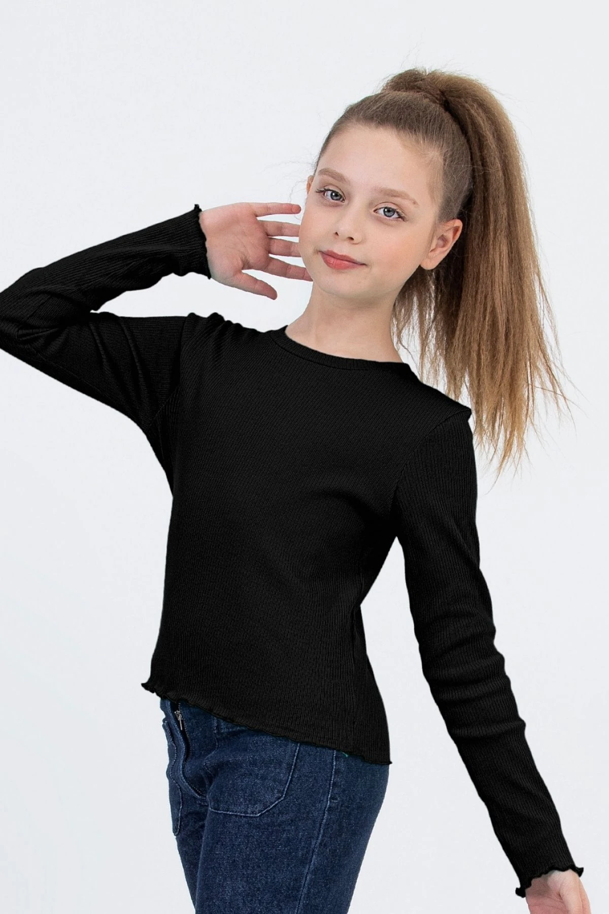 Kız Çocuk Uzun Kollu Ribana Tişört  Ekru & Siyah