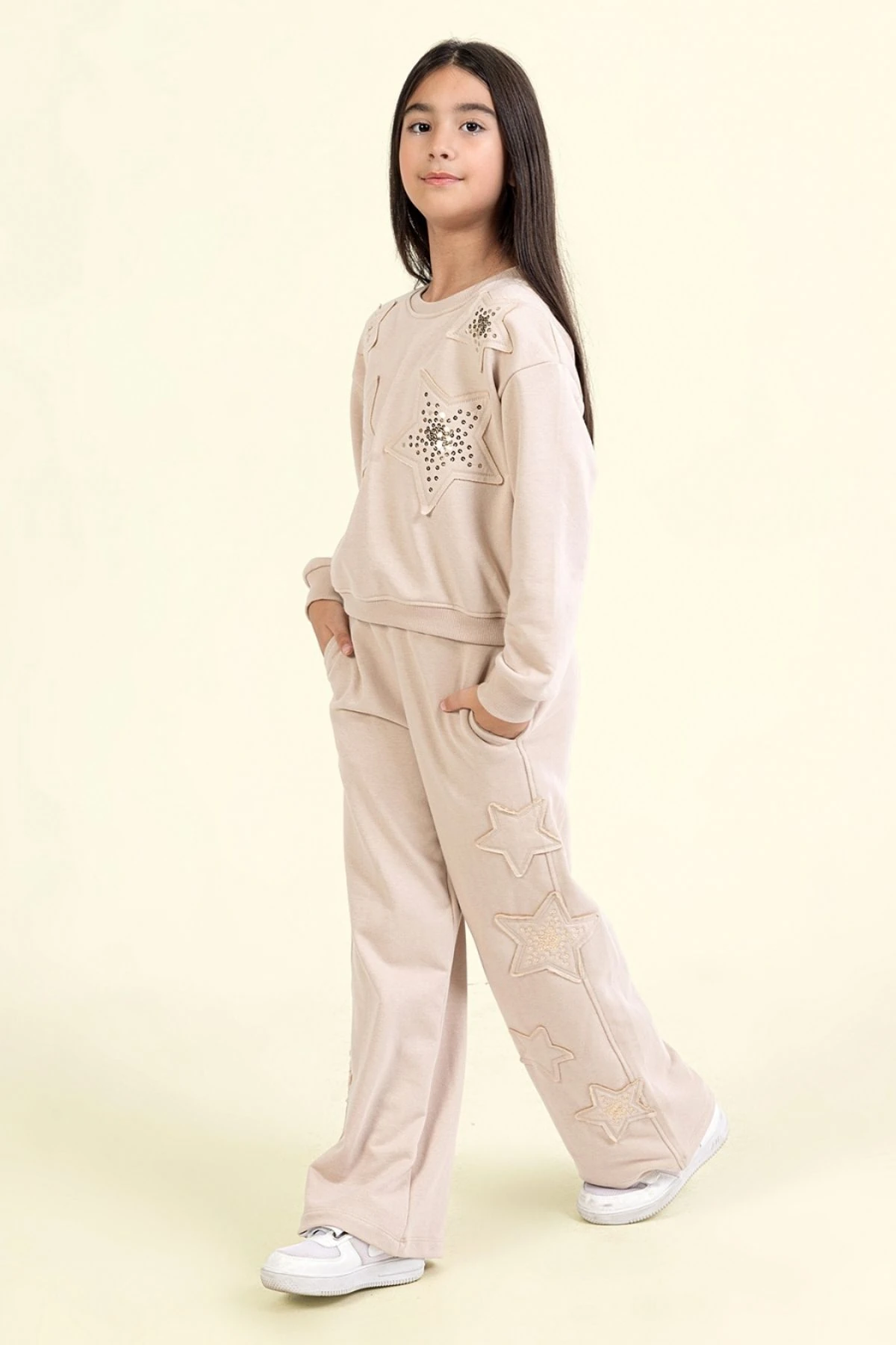 Kız Çocuk Taş Detaylı Yıldız Desenli İkili Takım – Sweatshirt & Eşofman Altı