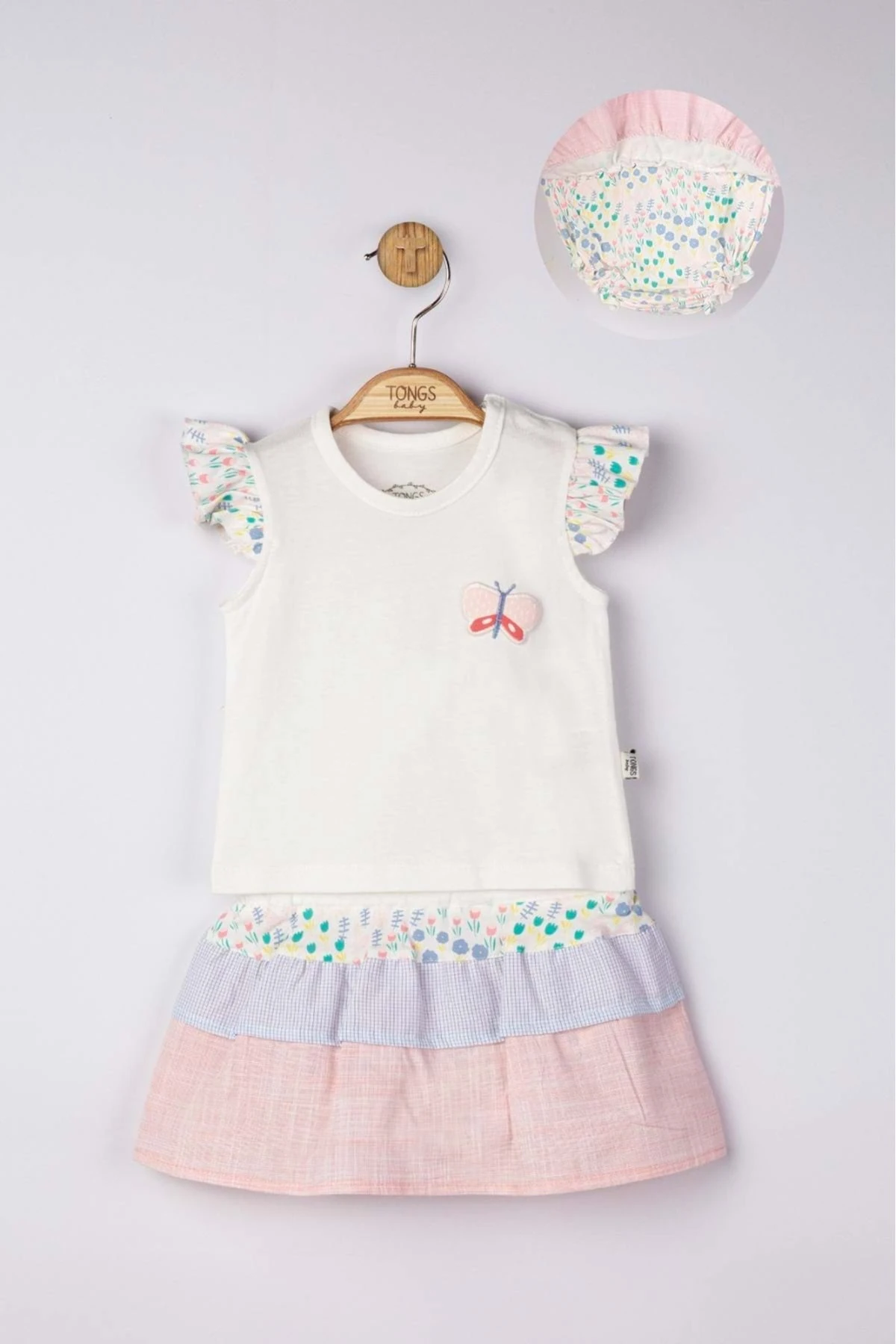 Kelebek Aplikeli Kat Etekli Kız Bebek Takım- Ekru - 6-9 Ay