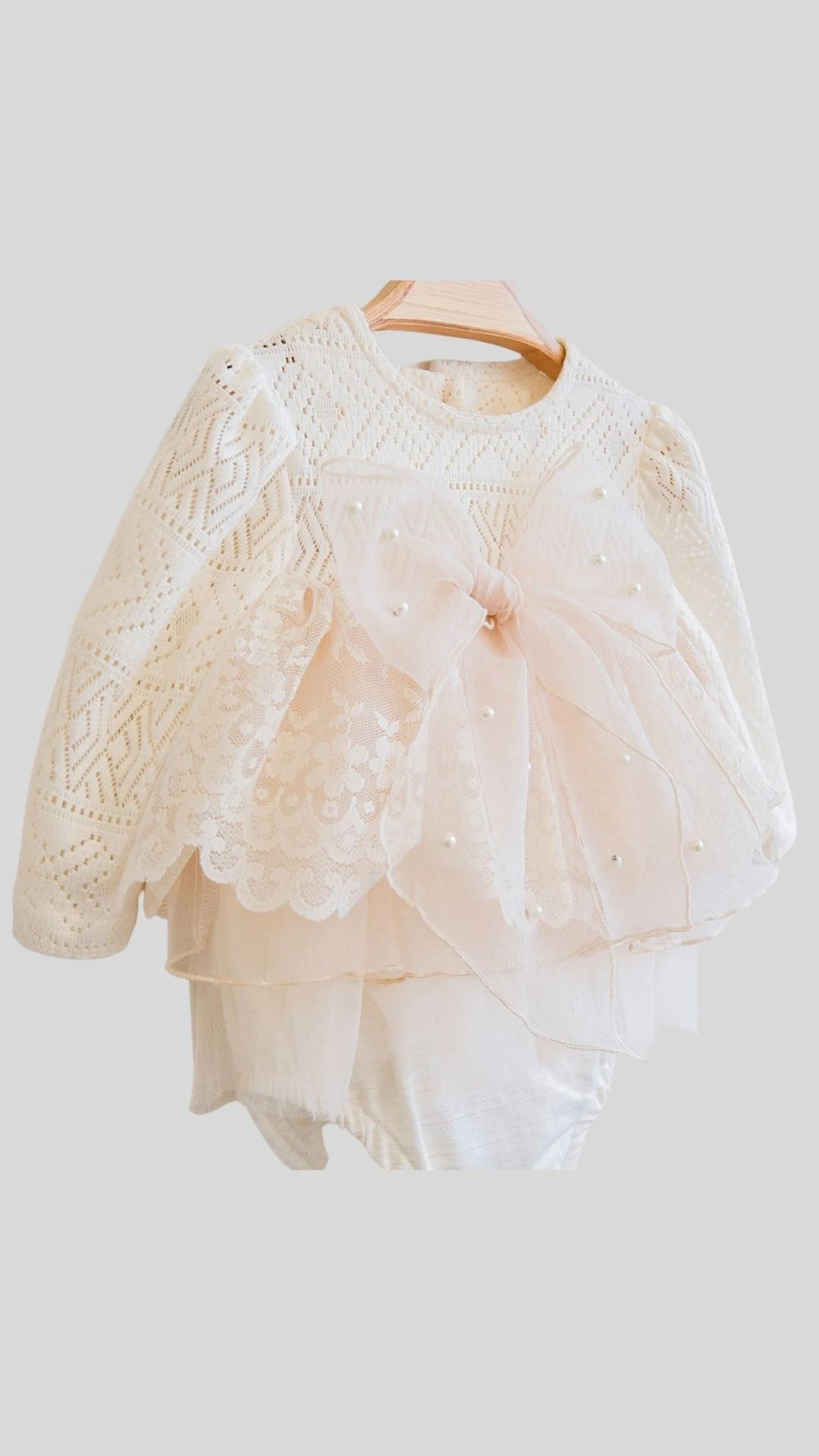 Üstü Merserize Fiyonk Detaylı Tül Kız Bebek Tulum Elbise