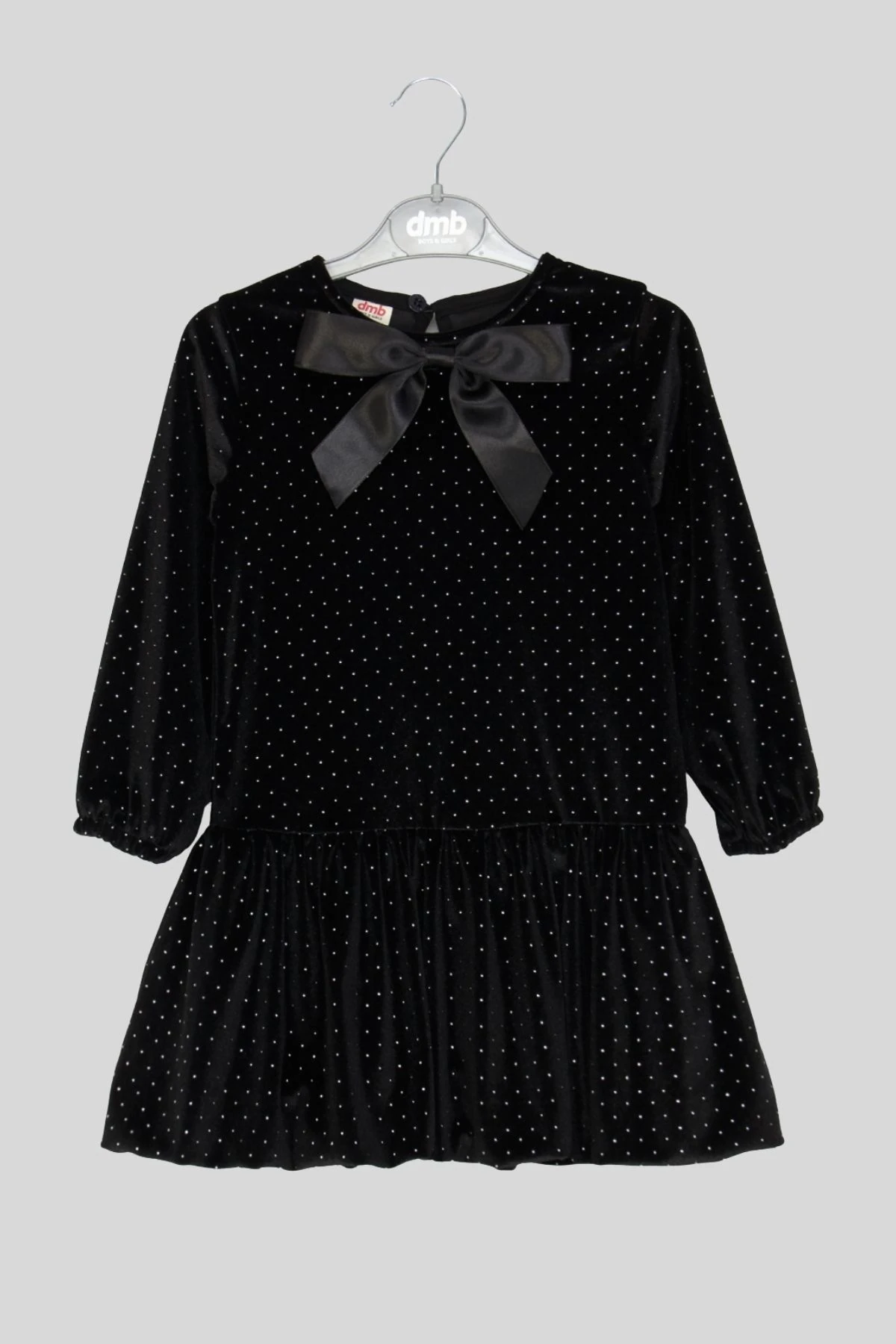 Kız Çocuk Siyah Kadife Elbise Kırmızı Fiyonklu Taş Baskılı Yılbaşı ve Parti Kıyafeti