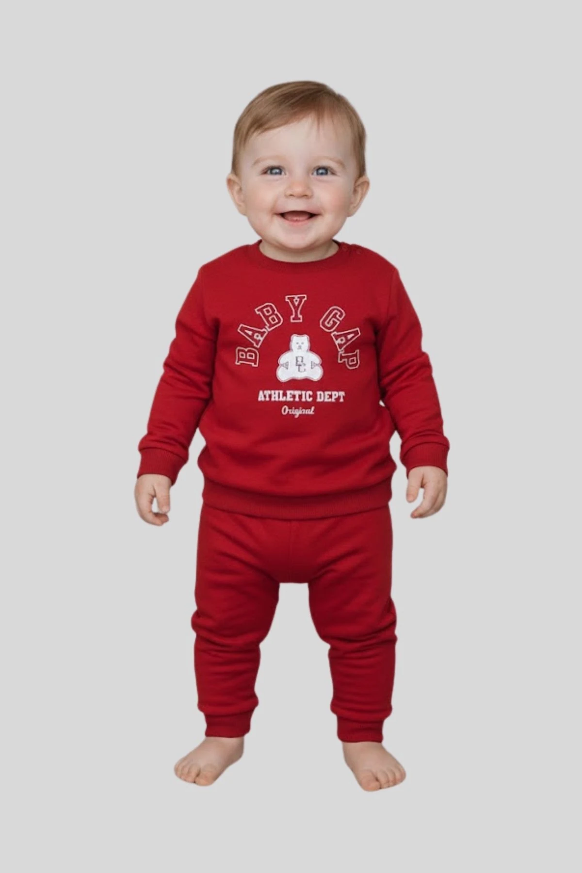 Ayıcık Baskılı Omuzdan Çıtçıtlı Erkek Bebek Eşofman Takım