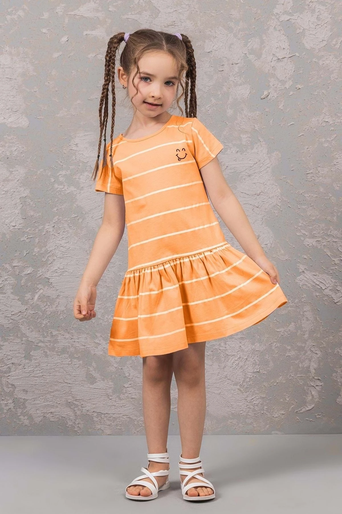 Turkuaz Çizgili Gülen Yüz Baskılı Volanlı Etek Kız Çocuk Elbise - Oranj