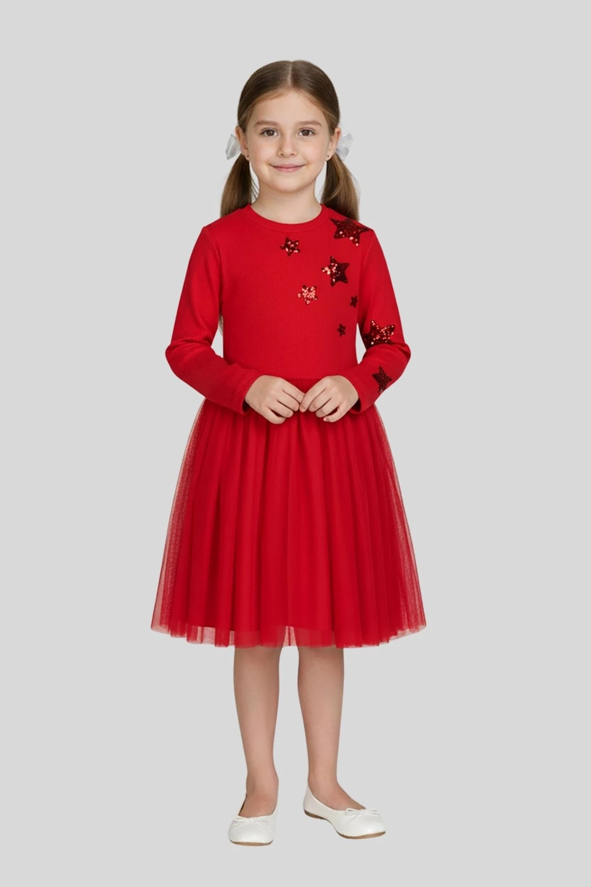 Kız Çocuk Kırmızı Payetli Tül Detaylı Elbise
