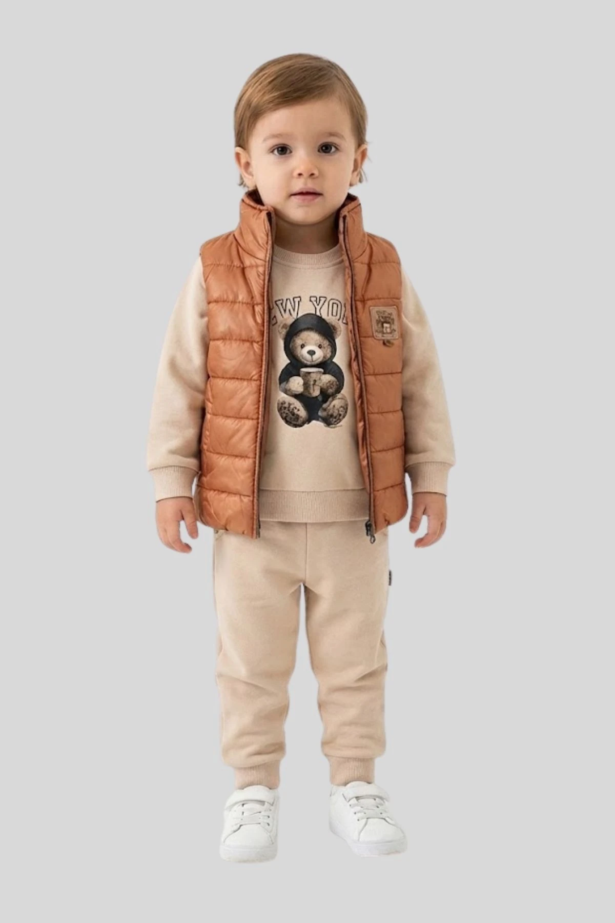 Ayıcık Baskılı 3 Parça Yelekli Alt Üst Kombin