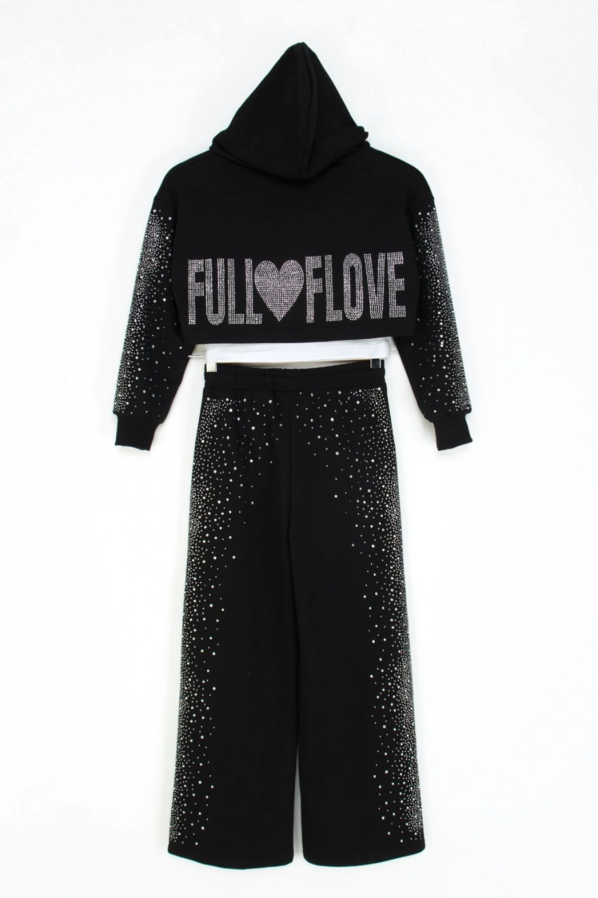 Kız Çocuk Siyah Taş İşlemeli FULL LOVE Yazılı Kapüşonlu İkili Eşofman Takımı