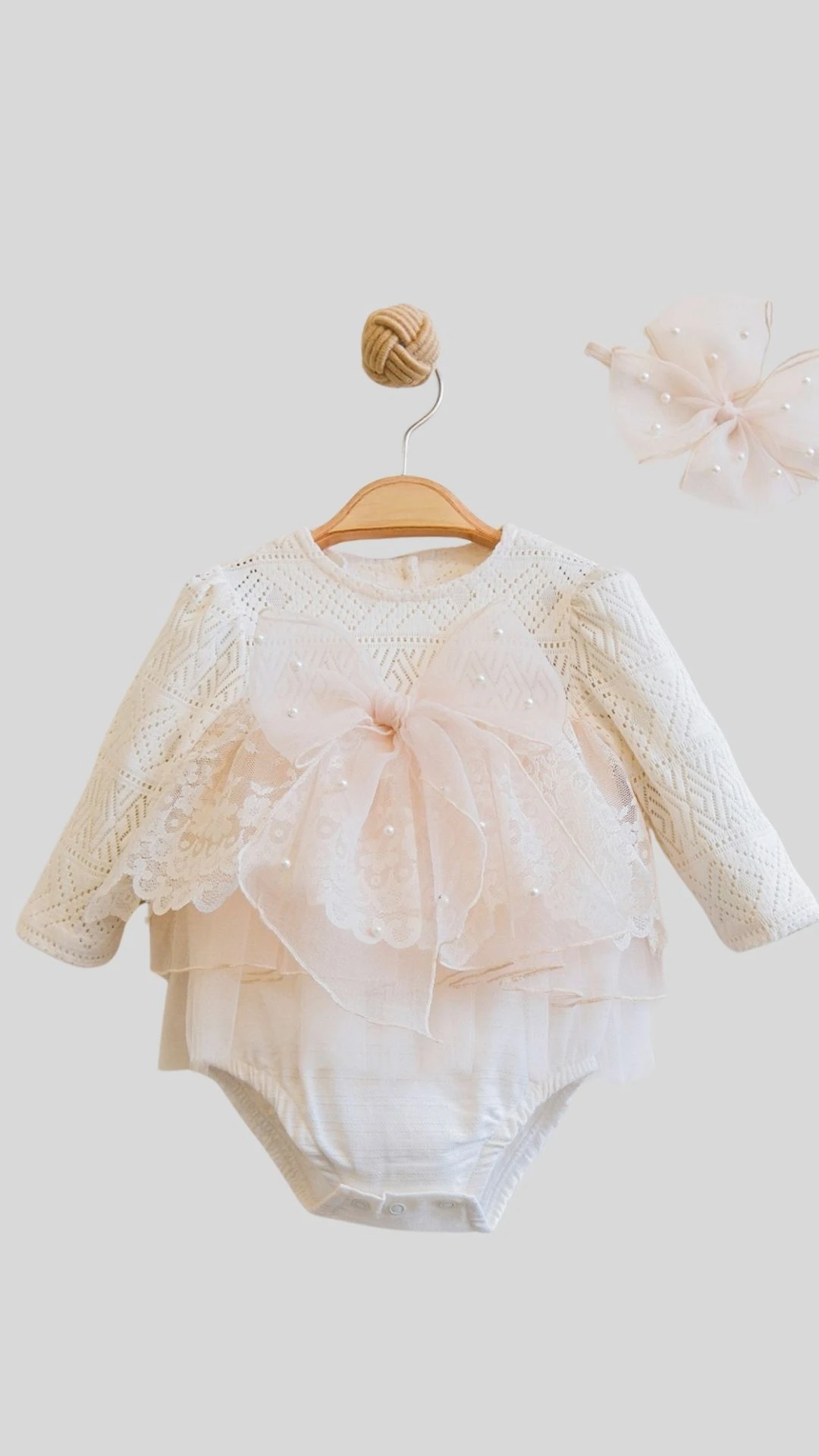 Üstü Merserize Fiyonk Detaylı Tül Kız Bebek Tulum Elbise