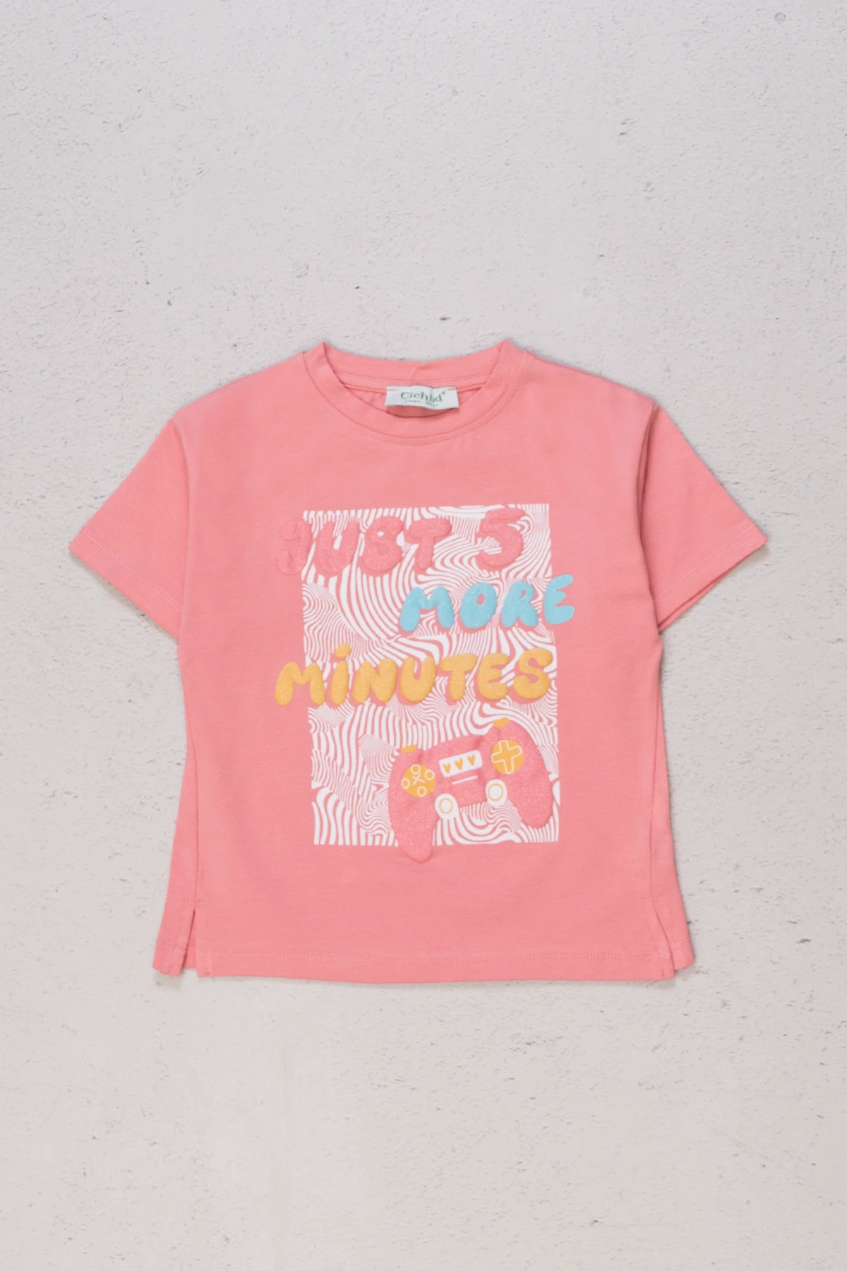 Bisiklet Yaka Kabartma Yazı Baskılı Kız T-shirt