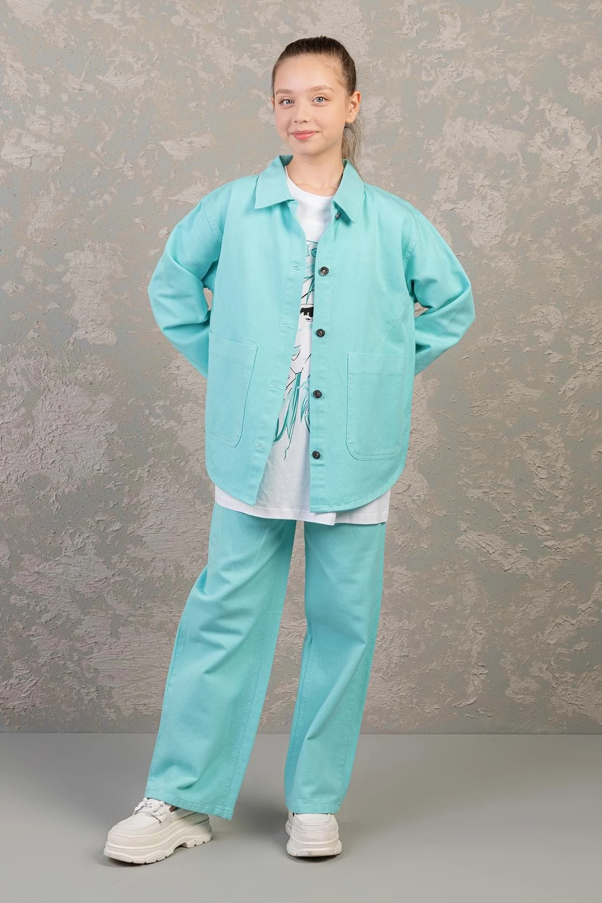 Düz Renk Cepli Düğme Kapamalı Kız Çocuk Kot Gömlek - Mint - 13-14 Yaş