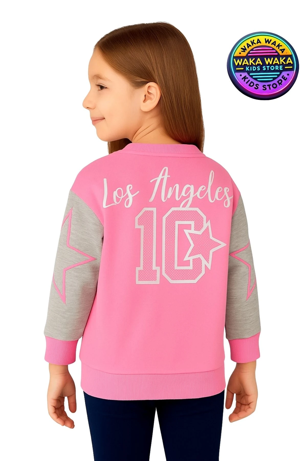 Los Angeles Nakışlı Pembe-Gri Kız Çocuk Sweatshirt – Yıldız Kollu Kolej Tarzı