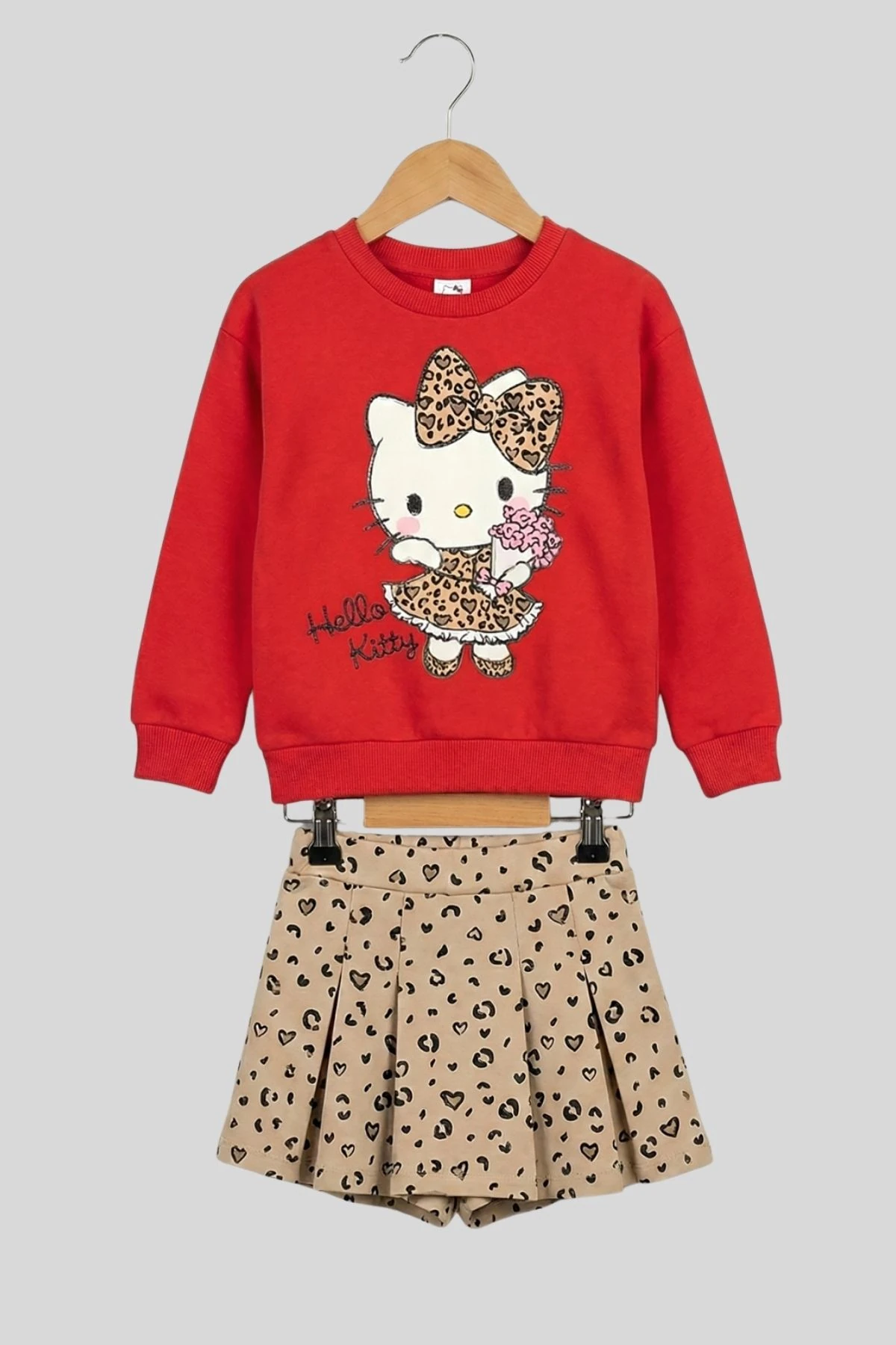 Leopar Detaylı Kız Çocuk Etekli Takım