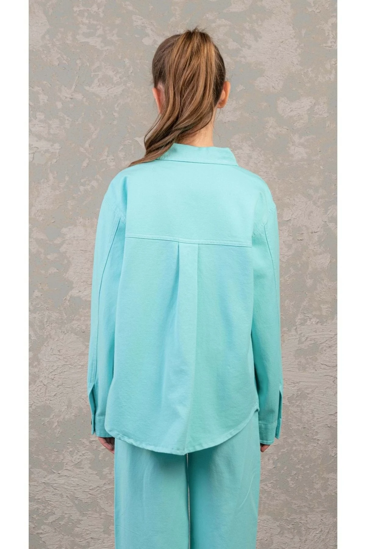 Düz Renk Cepli Düğme Kapamalı Kız Çocuk Kot Gömlek - Mint - 13-14 Yaş