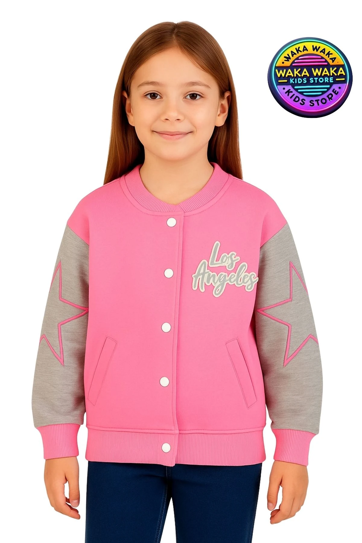 Los Angeles Nakışlı Pembe-Gri Kız Çocuk Sweatshirt – Yıldız Kollu Kolej Tarzı