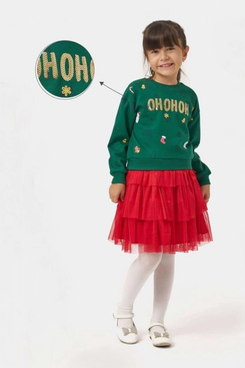 Yeşil "OHOHOH" Baskılı Kırmızı Tül Etekli Kız Çocuk Takımı