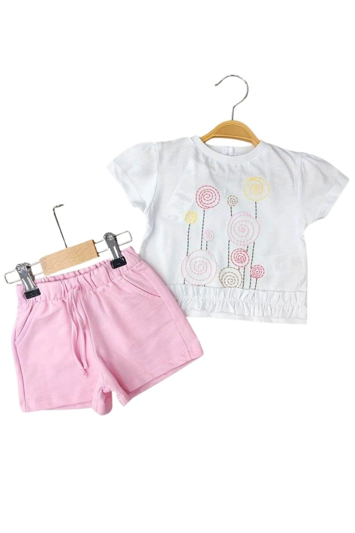 Çiçek Baskılı Beyaz Tişört ve Pembe Şort Kız Çocuk Takım - Pembe