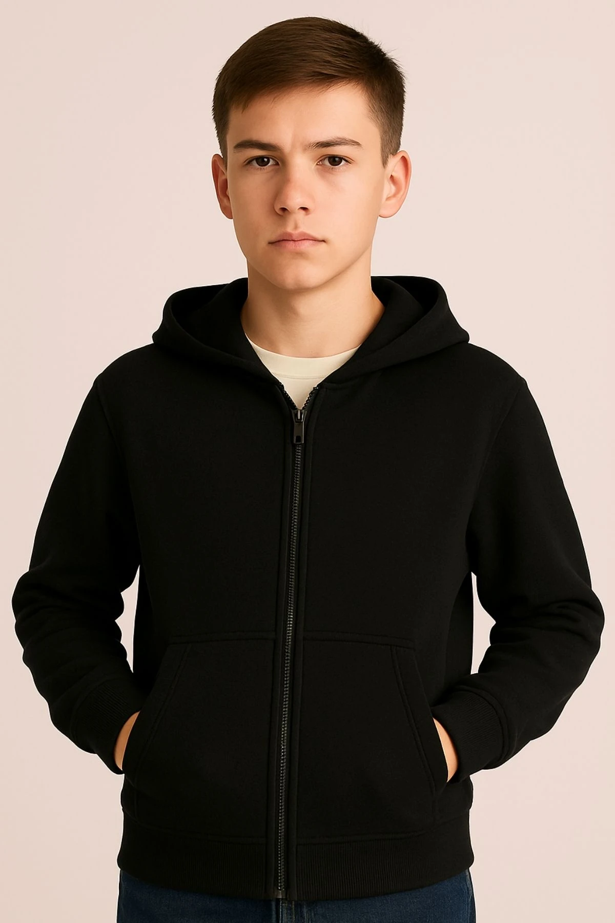 Erkek Çocuk Siyah Kapüşonlu Fermuarlı Sweatshirt