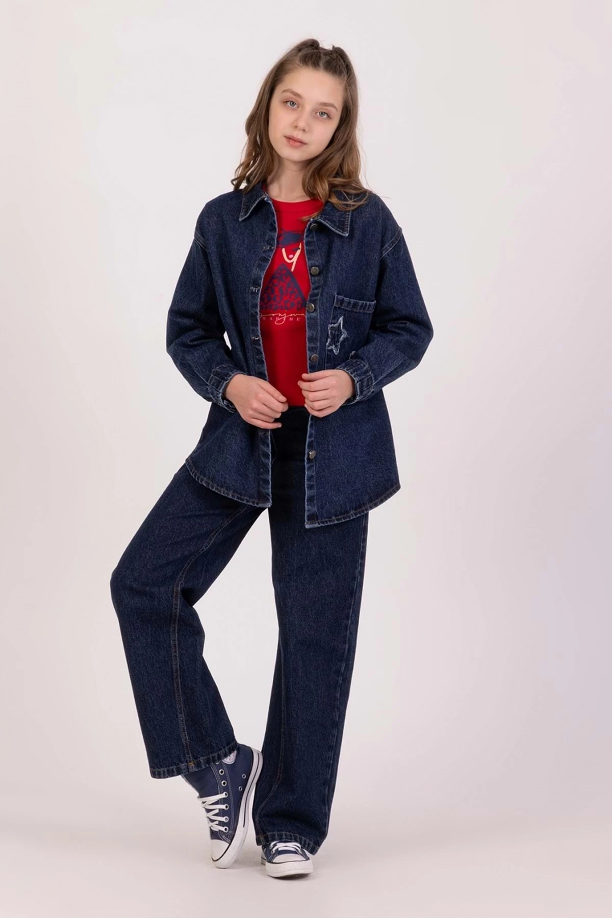 Yıldız Aplikeli Düğme Kapamalı Kız Çocuk Kot Gömlek - Lacivert