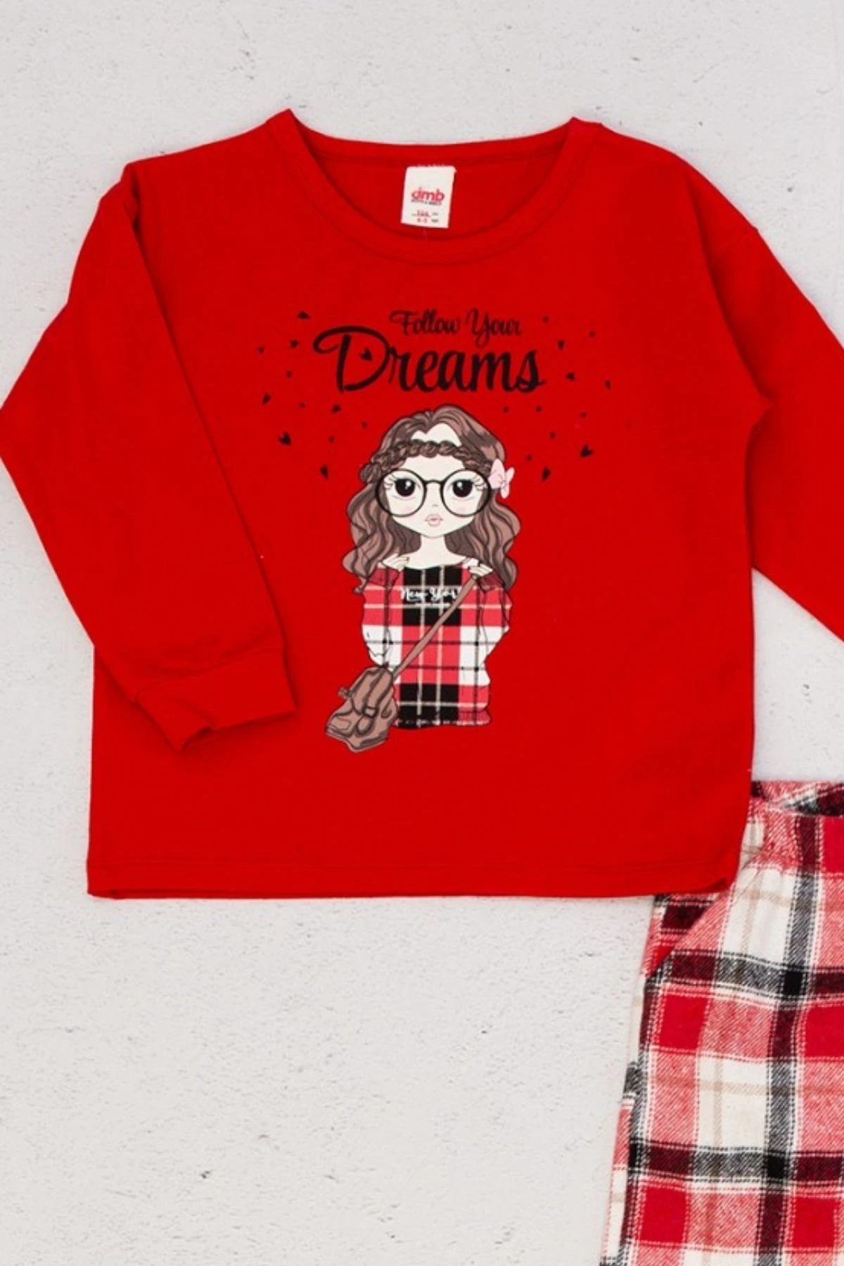 Kız Çocuk Önü Baskılı Ekose Desenli Pantolonlu Pijama Takımı