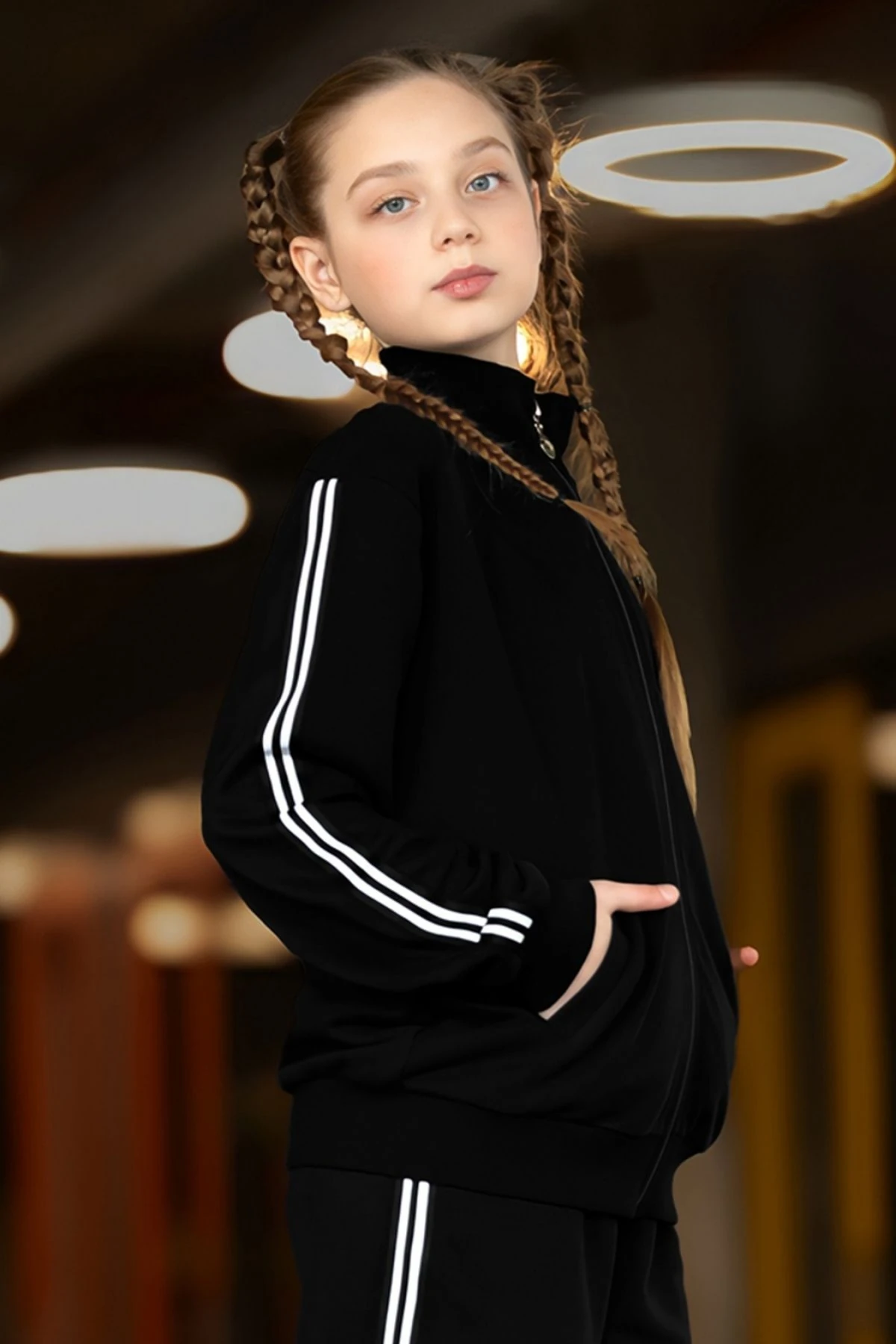 Kız Çocuk Fermuarlı Eşofman Takımı Şerit Detaylı, Siyah & Lacivert Renk Seçenekleri